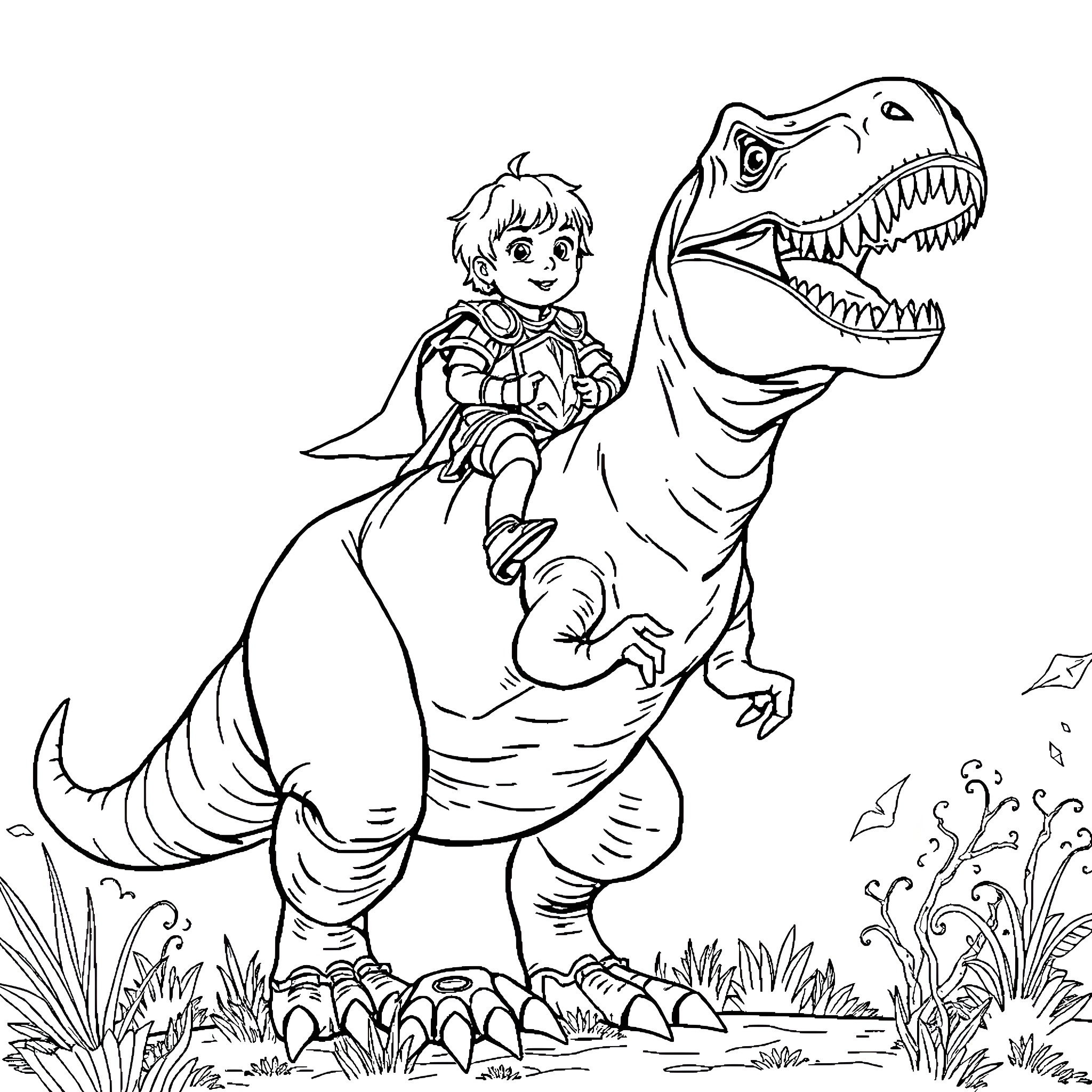 Kid riding a fearsome dinosaur in the wild Coloring Page (free black-and-white line drawing printable PDF for all, from beginners to advanced learners, including children, teens, adults, and seniors)