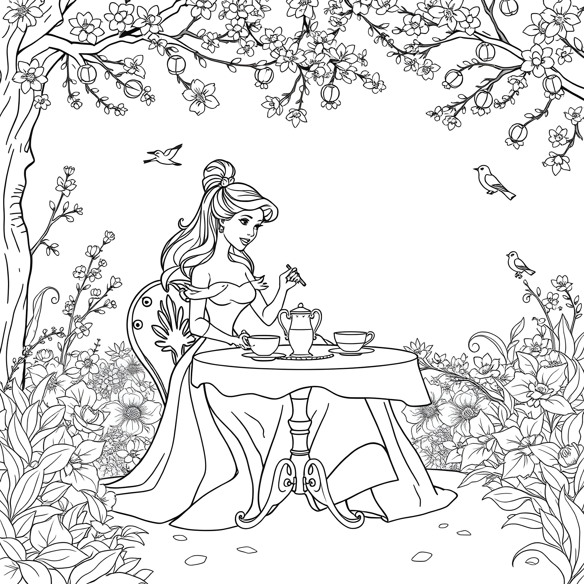 Princess Enjoying a Delightful Tea Party in Enchanted Garden Coloring Page (free black-and-white line drawing printable PDF for all, from beginners to advanced learners, including children, teens, adults, and seniors)