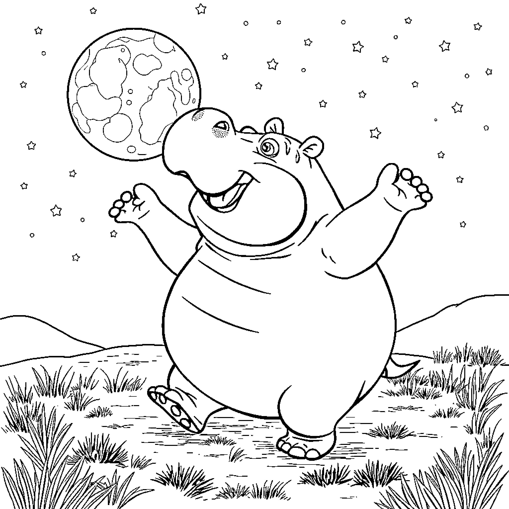 Hippo dancing joyfully under the stars Coloring Page (free black-and-white line drawing printable PDF for all, from beginners to advanced learners, including children, teens, adults, and seniors)