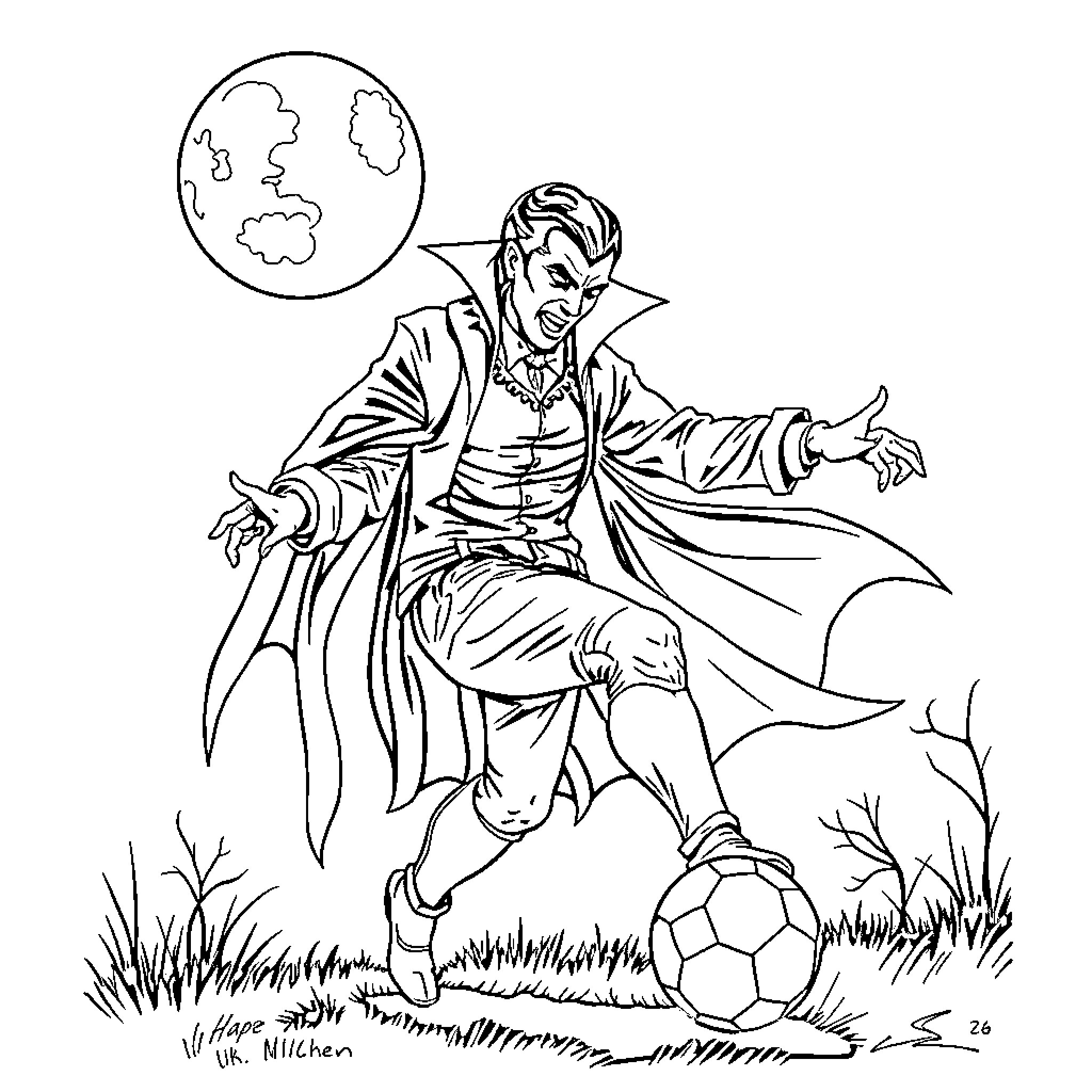 Vampire Footballer Kicking Ball on Field Coloring Page (free black-and-white line drawing printable PDF for all, from beginners to advanced learners, including children, teens, adults, and seniors)