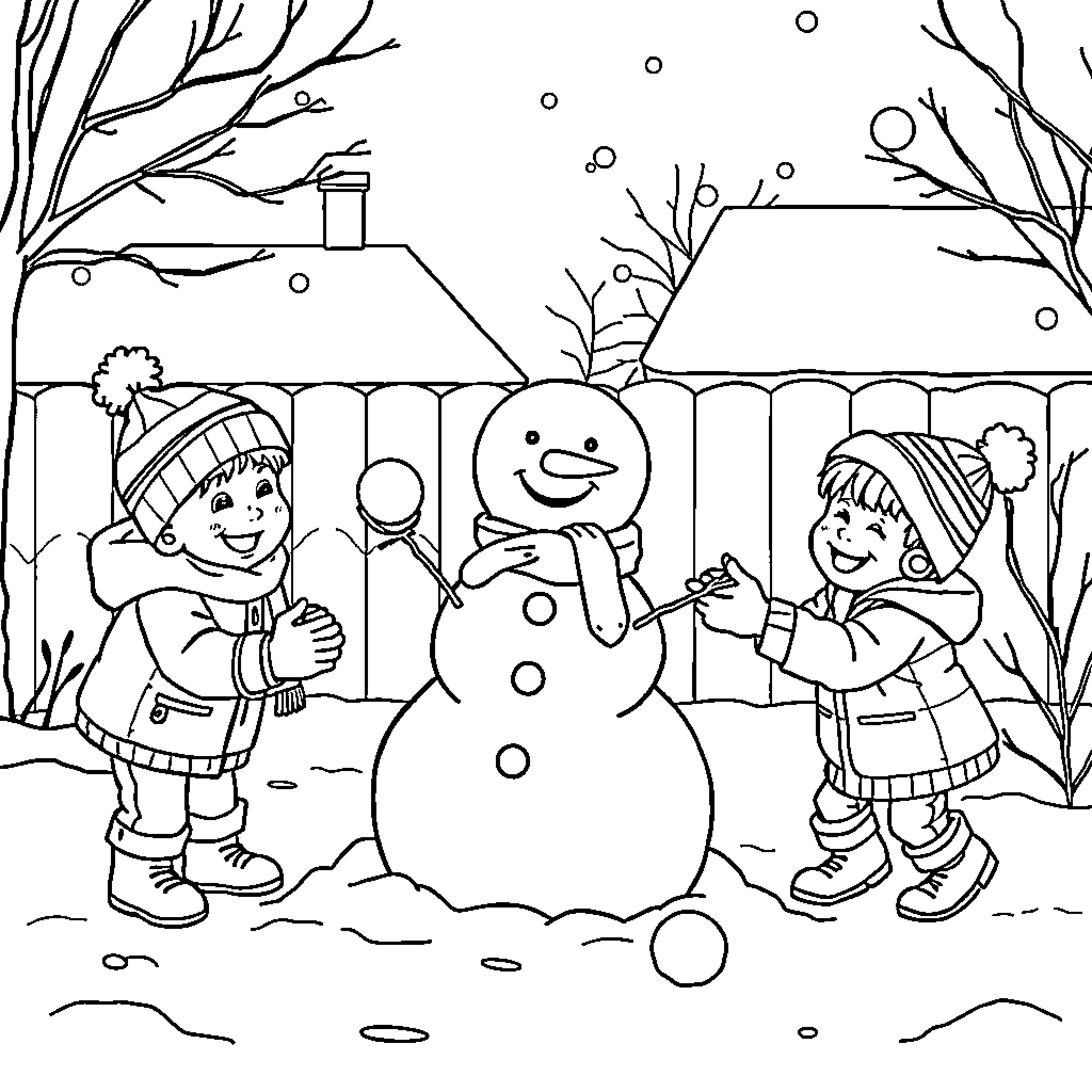 Kids Building Snowman on Snowy Day Coloring Page (free black-and-white line drawing printable PDF for all, from beginners to advanced learners, including children, teens, adults, and seniors)