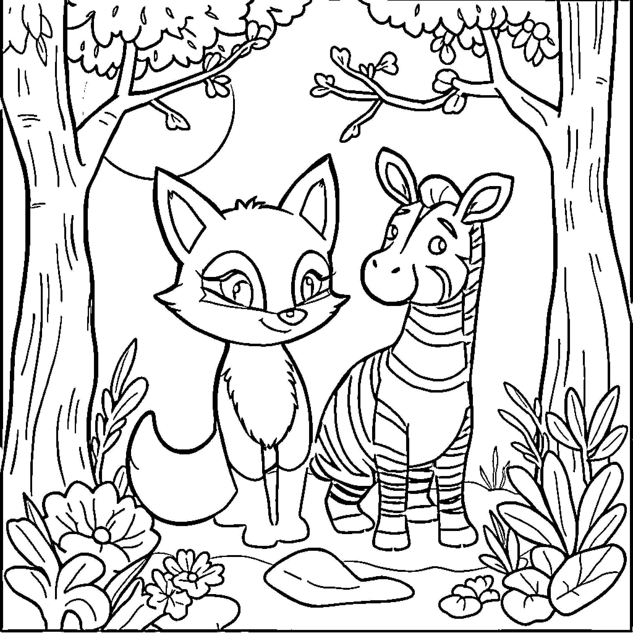 Animal friends in the forest Coloring Page (free black-and-white line drawing printable PDF for all, from beginners to advanced learners, including children, teens, adults, and seniors)