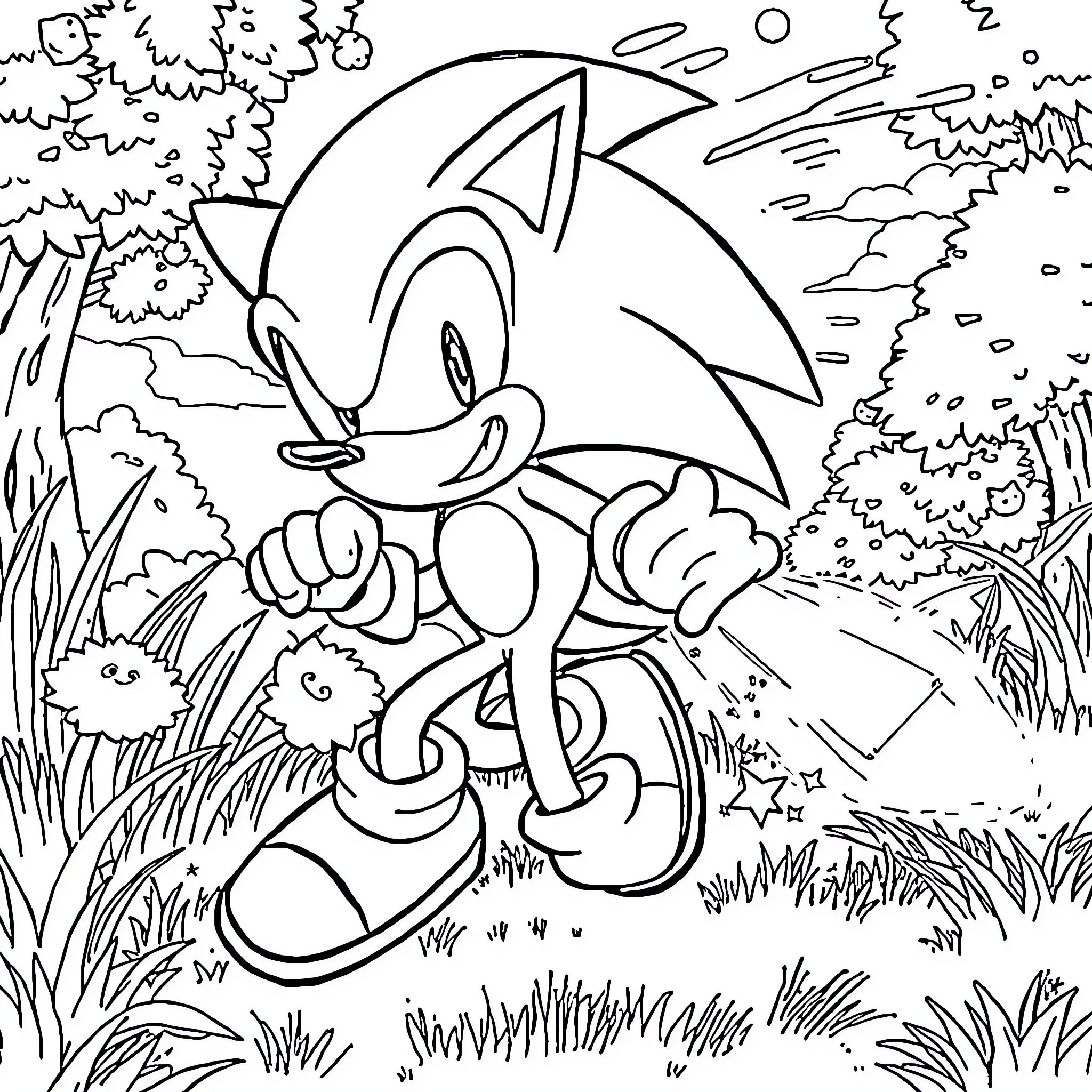 Sonic racing through the scenic forest Coloring Page (free black-and-white line drawing printable PDF for all, from beginners to advanced learners, including children, teens, adults, and seniors)