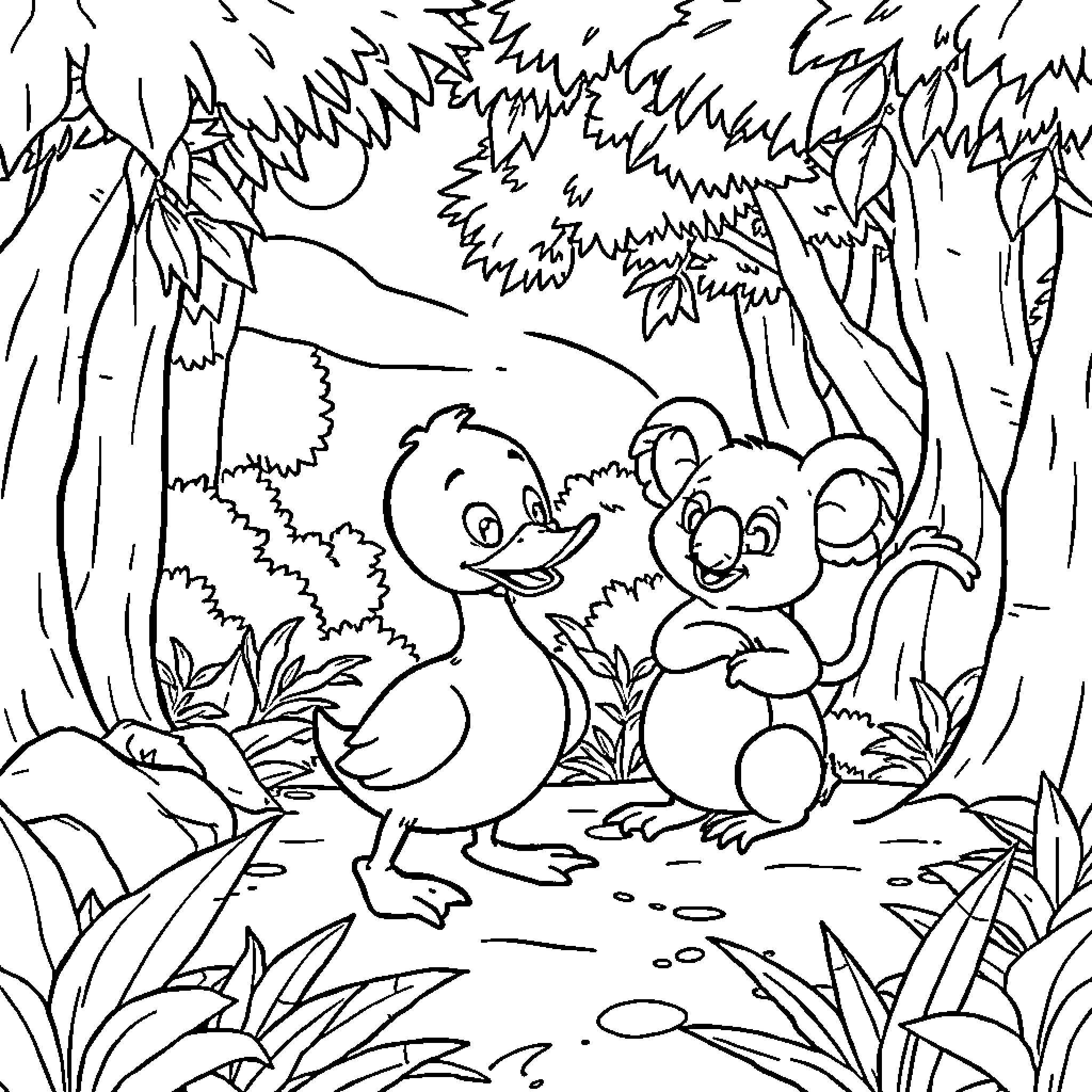Ducky adventures with friends in the forest Coloring Page (free black-and-white line drawing printable PDF for all, from beginners to advanced learners, including children, teens, adults, and seniors)