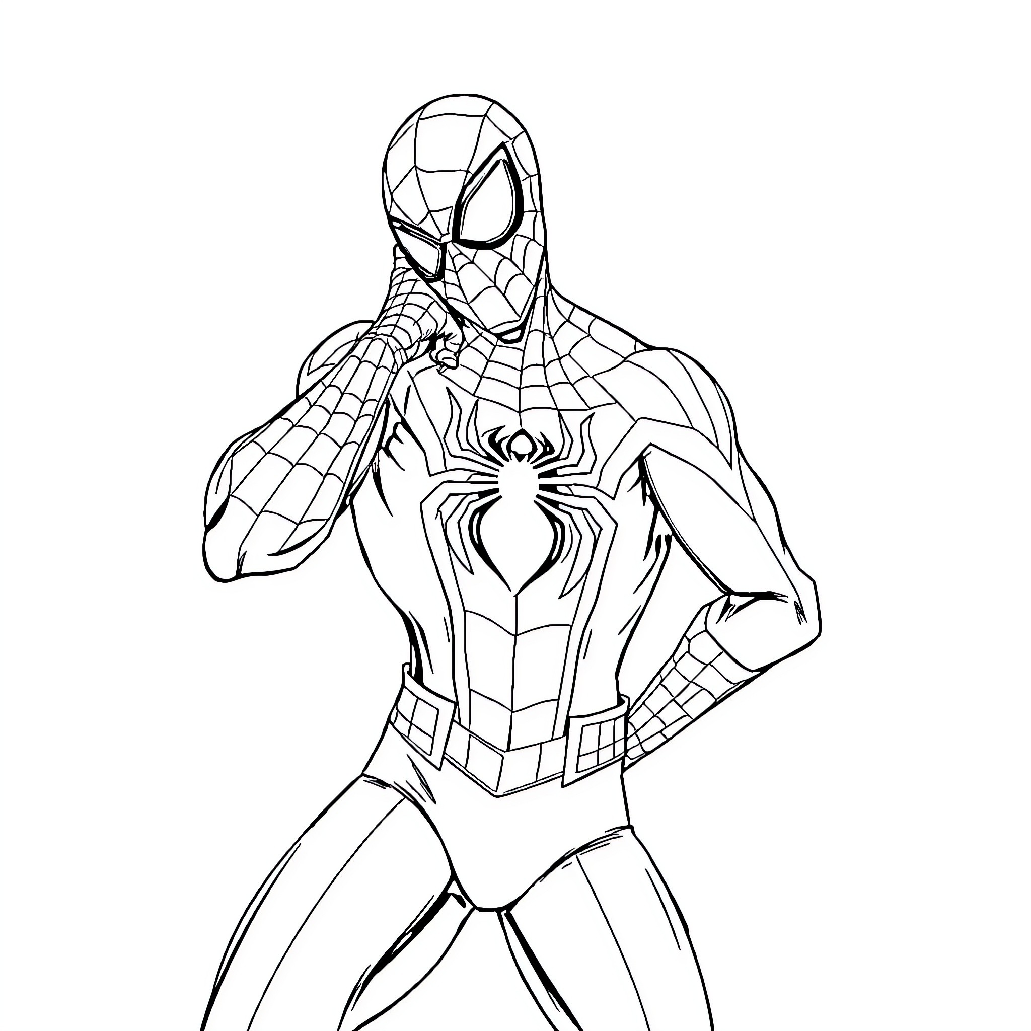 Spiderman striking a heroic pose Coloring Page (free black-and-white line drawing printable PDF for all, from beginners to advanced learners, including children, teens, adults, and seniors)