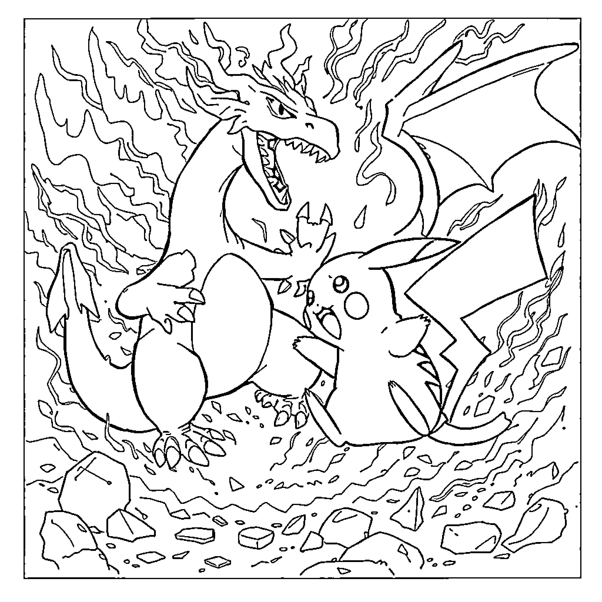 Pikachu facing a ferocious dragon Coloring Page (free black-and-white line drawing printable PDF for all, from beginners to advanced learners, including children, teens, adults, and seniors)