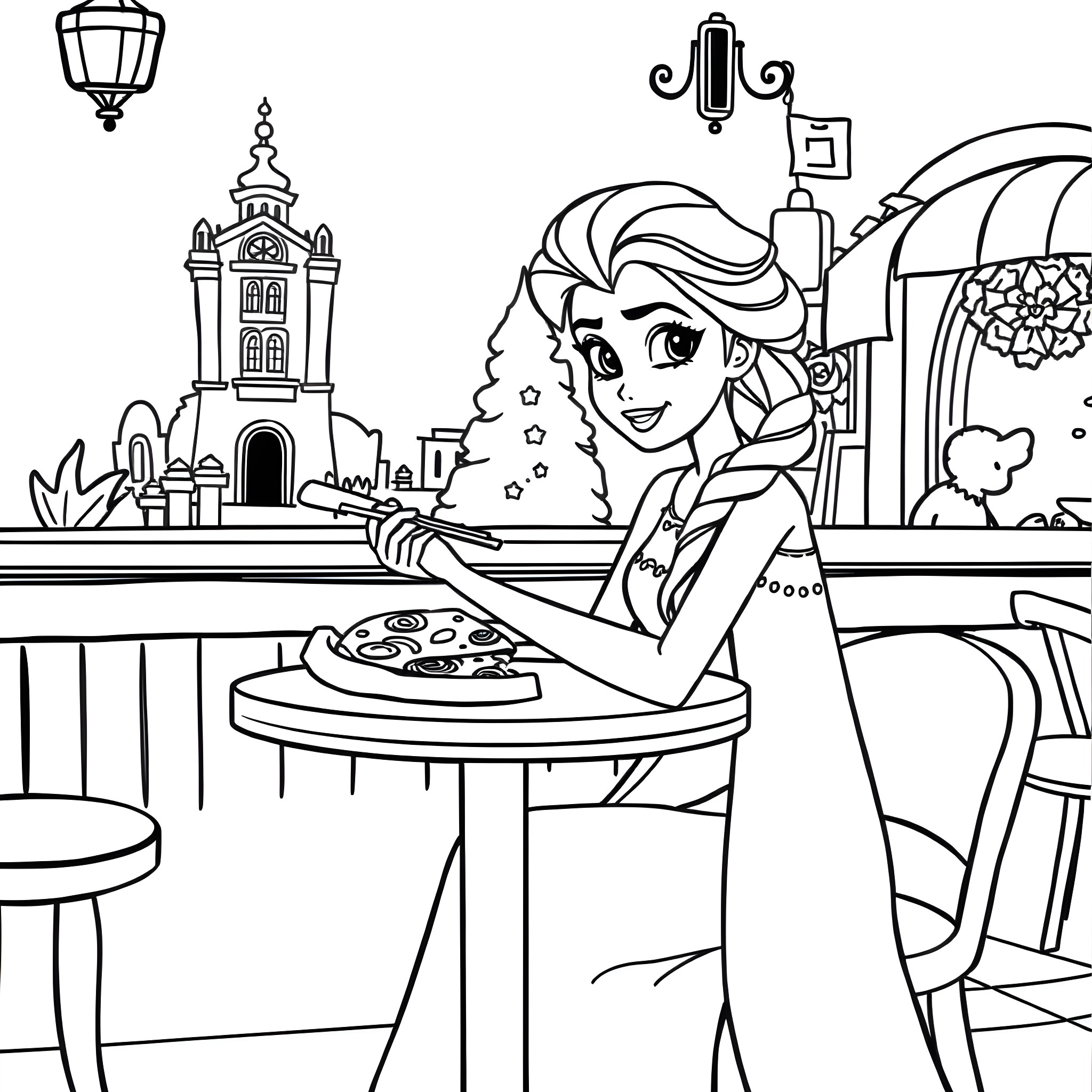 Elsa enjoying a pizza in a cafe Coloring Page (free black-and-white line drawing printable PDF for all, from beginners to advanced learners, including children, teens, adults, and seniors)
