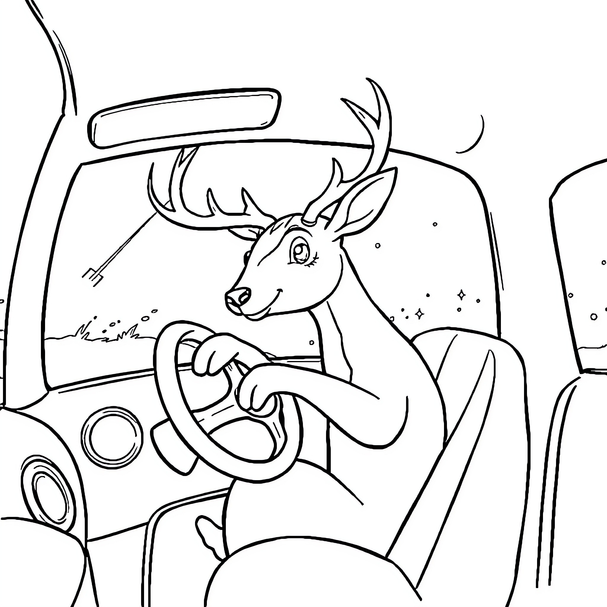 Deer driving a car Coloring Page (free black-and-white line drawing printable PDF for all, from beginners to advanced learners, including children, teens, adults, and seniors)