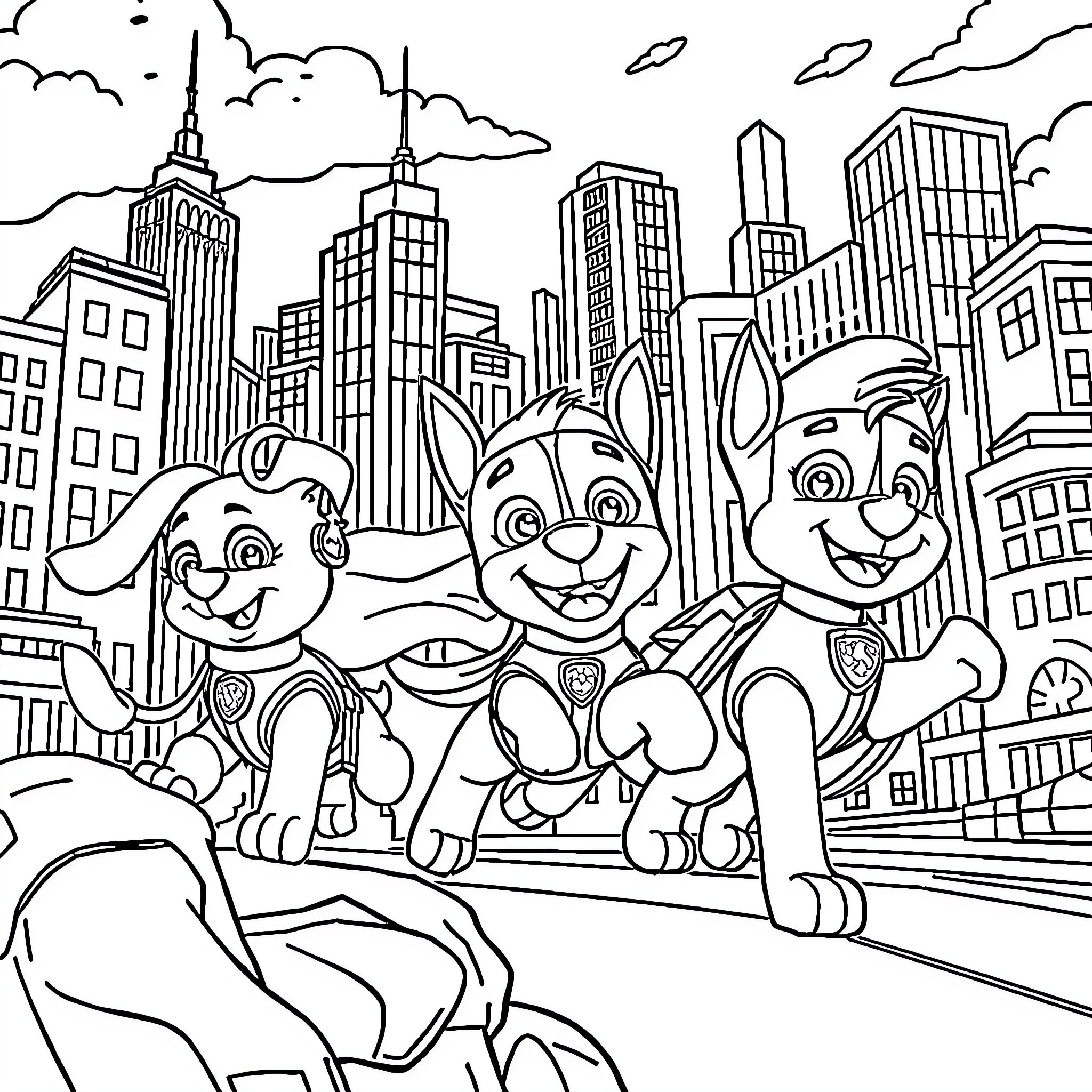 Paw Patrol characters exploring the city skyline Coloring Page (free black-and-white line drawing printable PDF for all, from beginners to advanced learners, including children, teens, adults, and seniors)
