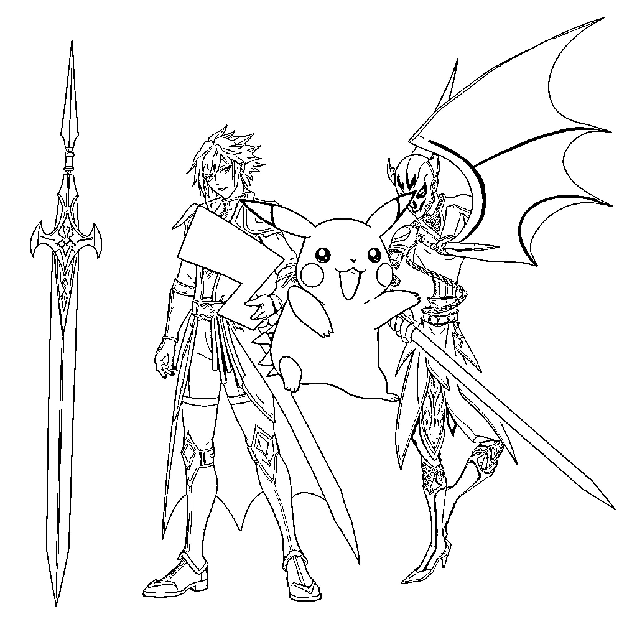 Sephirot characters standing with a cheerful Pikachu Coloring Page (free black-and-white line drawing printable PDF for all, from beginners to advanced learners, including children, teens, adults, and seniors)