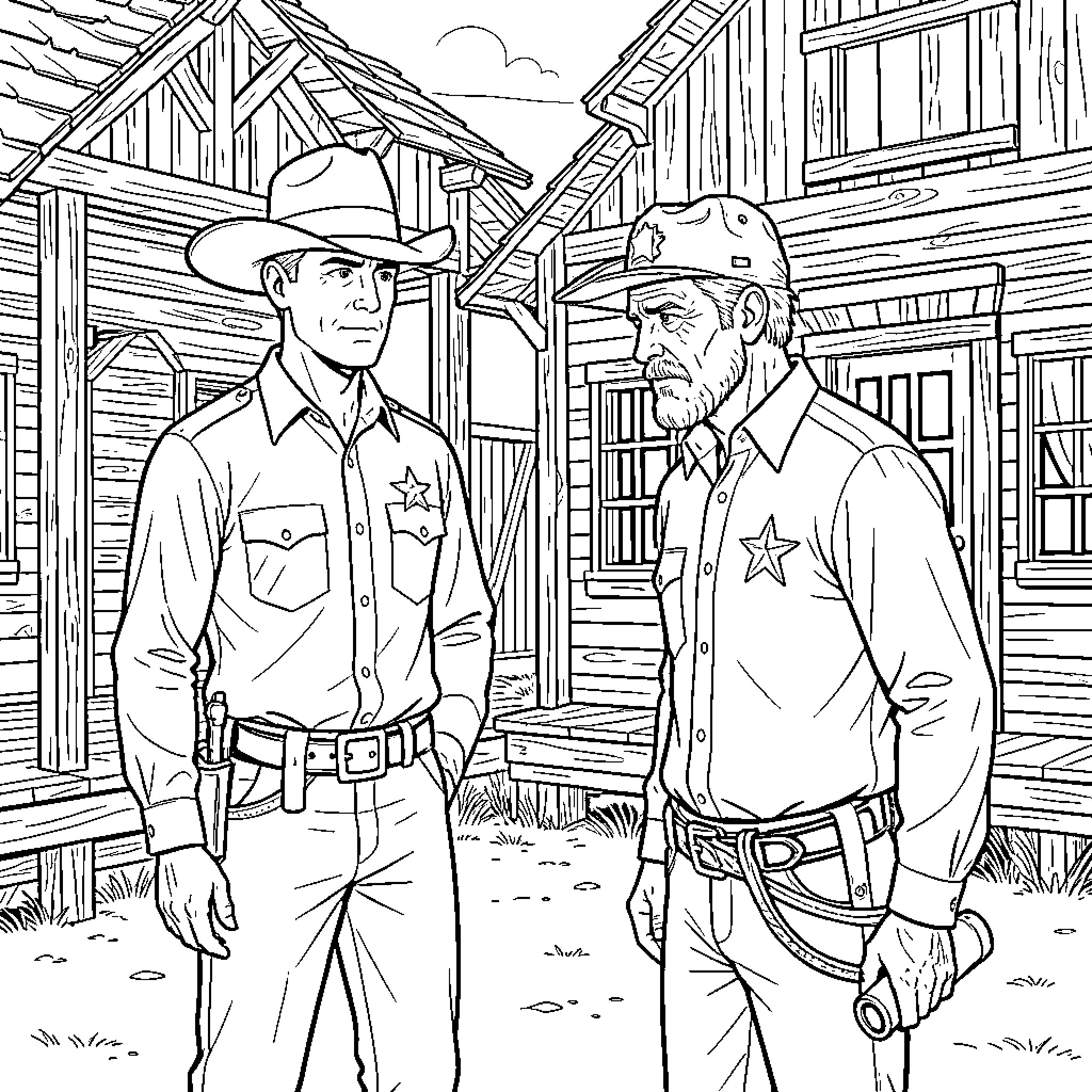 Sheriff standing and conversing with another man outdoors Coloring Page (free black-and-white line drawing printable PDF for all, from beginners to advanced learners, including children, teens, adults, and seniors)