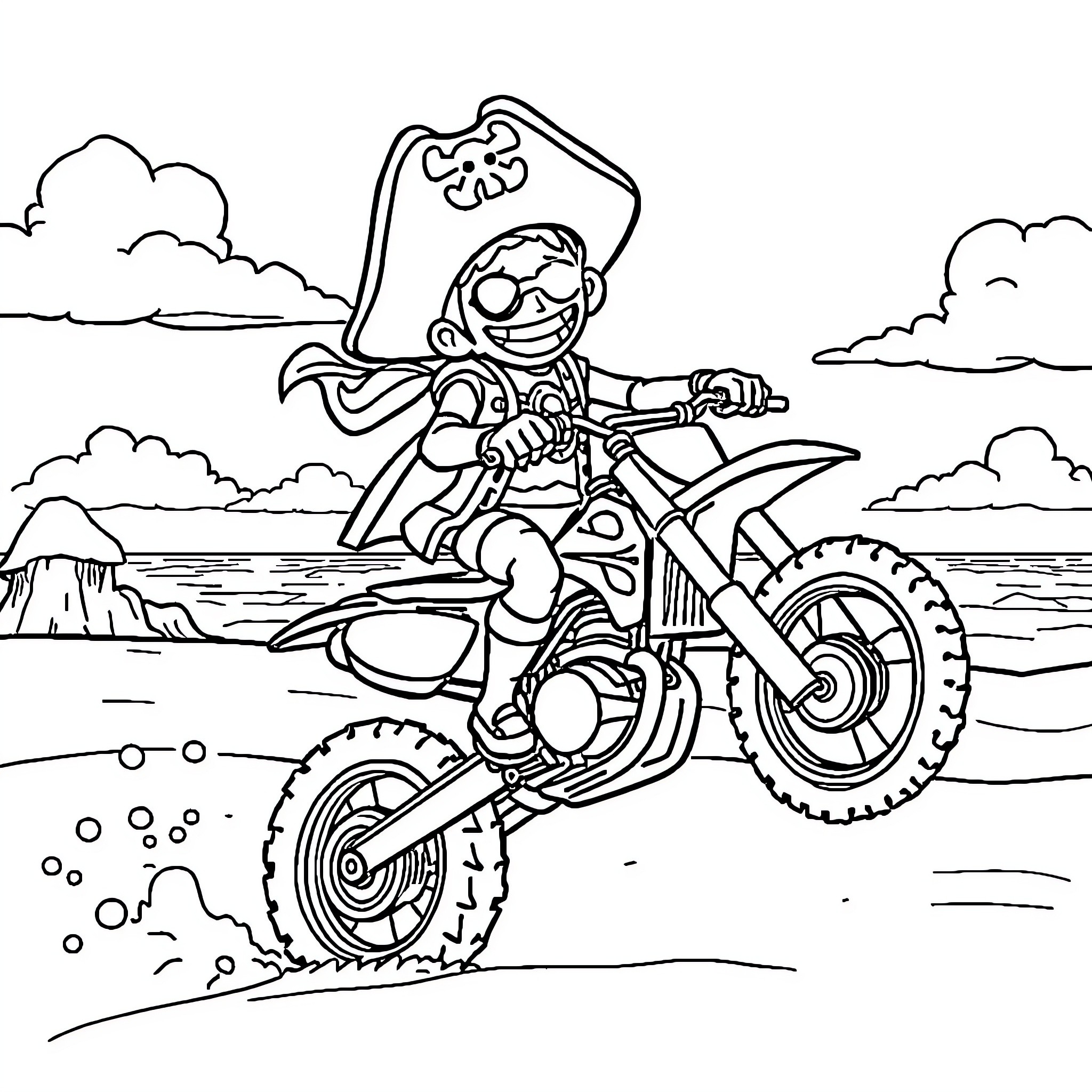 Buggy Rider on Dirt Bike Adventure Coloring Page (free black-and-white line drawing printable PDF for all, from beginners to advanced learners, including children, teens, adults, and seniors)