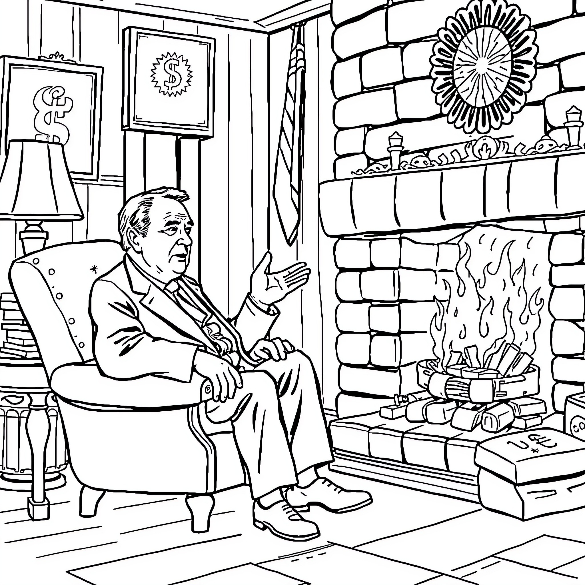 President Sitting Comfortably by Fireplace Coloring Page (free black-and-white line drawing printable PDF for all, from beginners to advanced learners, including children, teens, adults, and seniors)