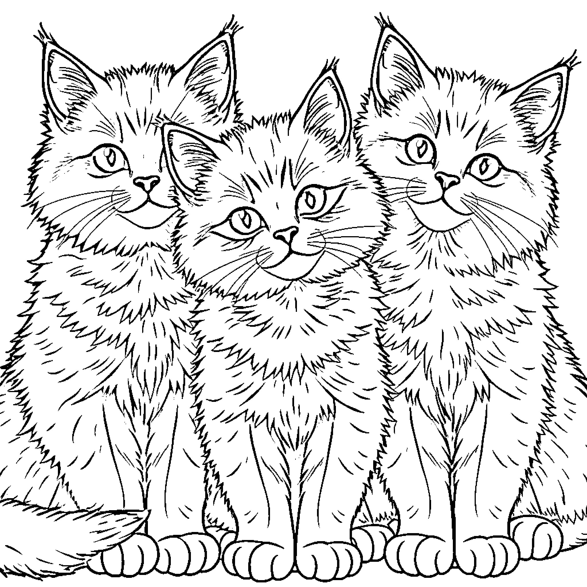 Cat trio gazing curiously in black and white Coloring Page (free black-and-white line drawing printable PDF for all, from beginners to advanced learners, including children, teens, adults, and seniors)