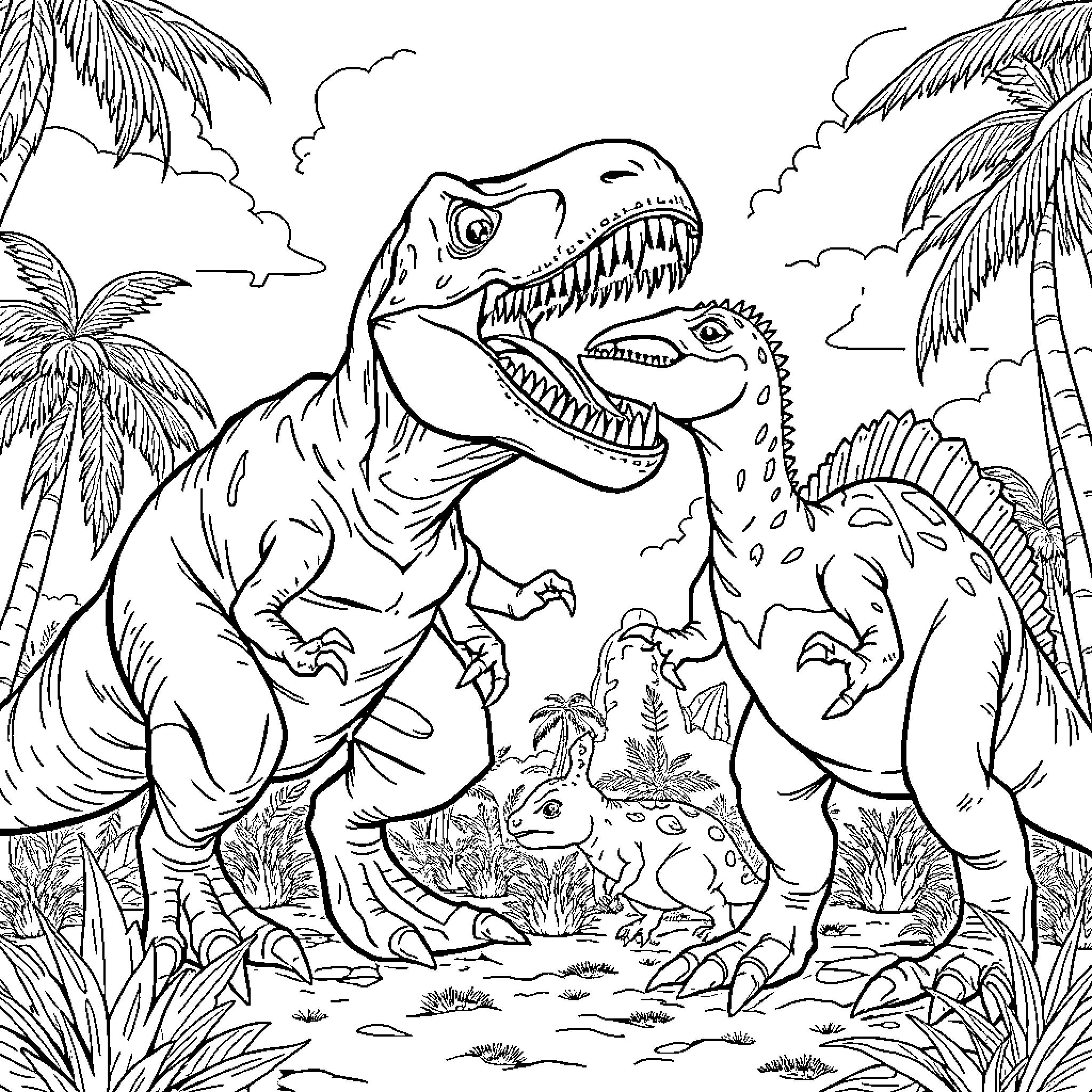T-Rex Hunting Dinosaurs in Tropical Jungle Scene Coloring Page (free black-and-white line drawing printable PDF for all, from beginners to advanced learners, including children, teens, adults, and seniors)