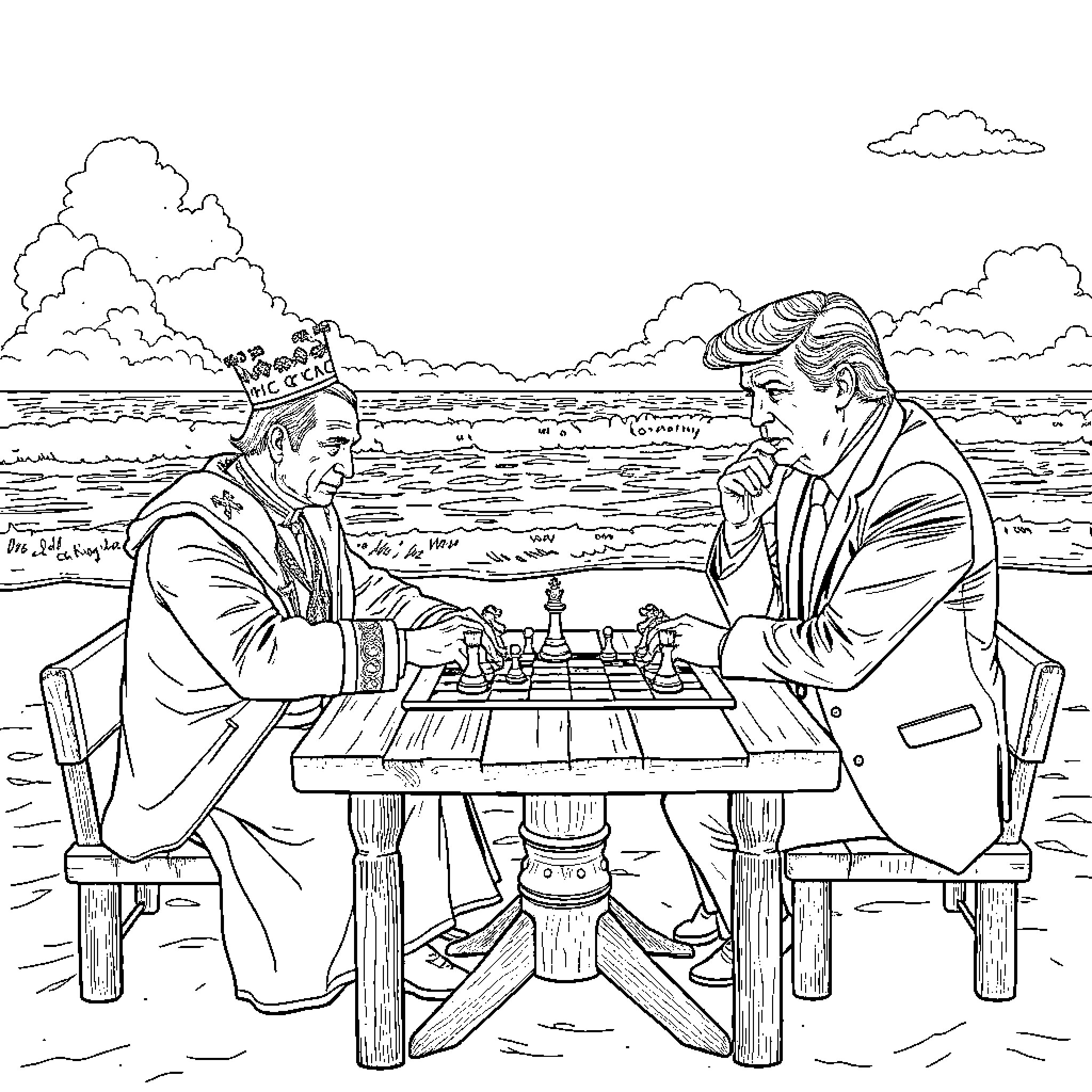 King Chess Match by the Sea Coloring Page (free black-and-white line drawing printable PDF for all, from beginners to advanced learners, including children, teens, adults, and seniors)