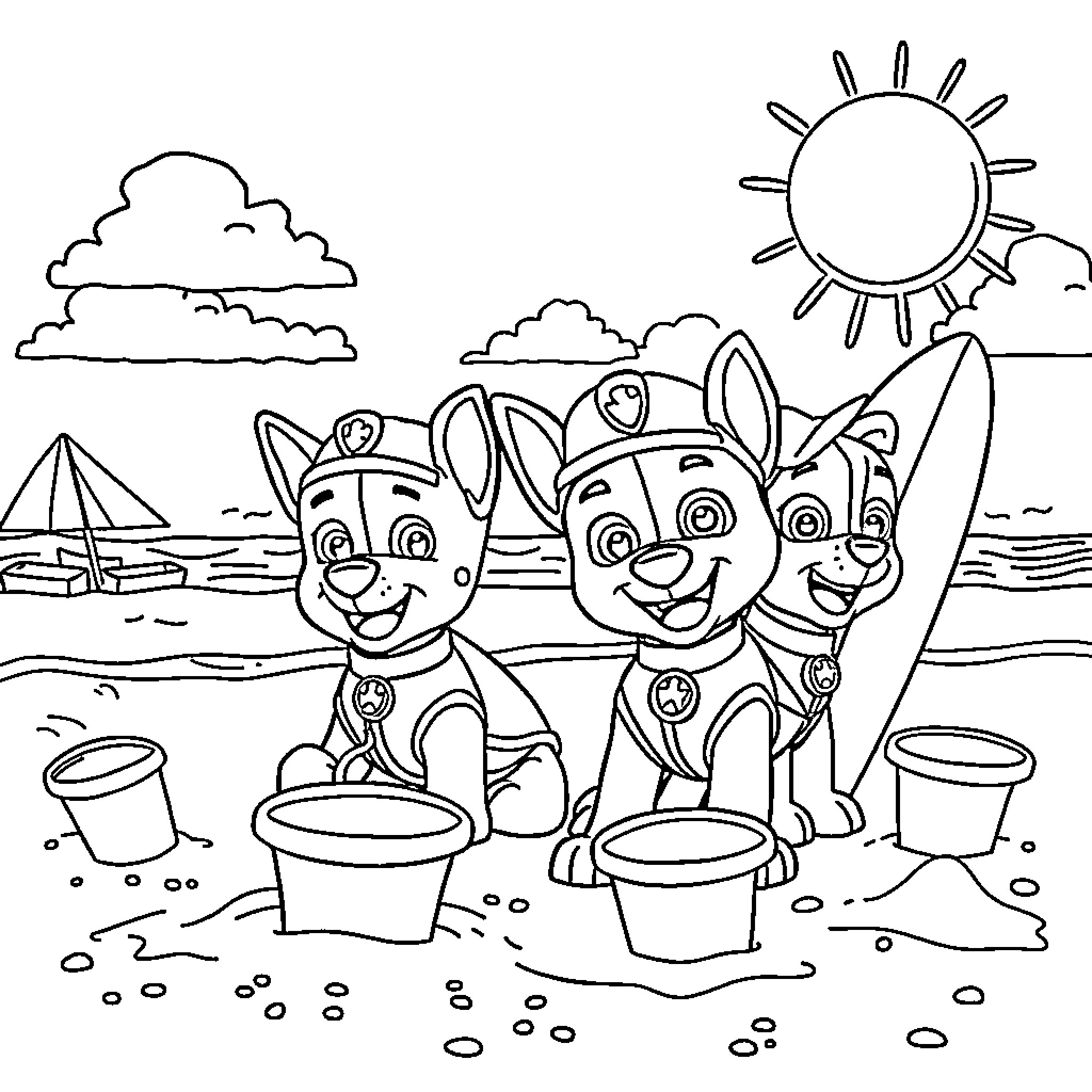 Paw Patrol Pups Enjoying a Day at the Beach Coloring Page (free black-and-white line drawing printable PDF for all, from beginners to advanced learners, including children, teens, adults, and seniors)