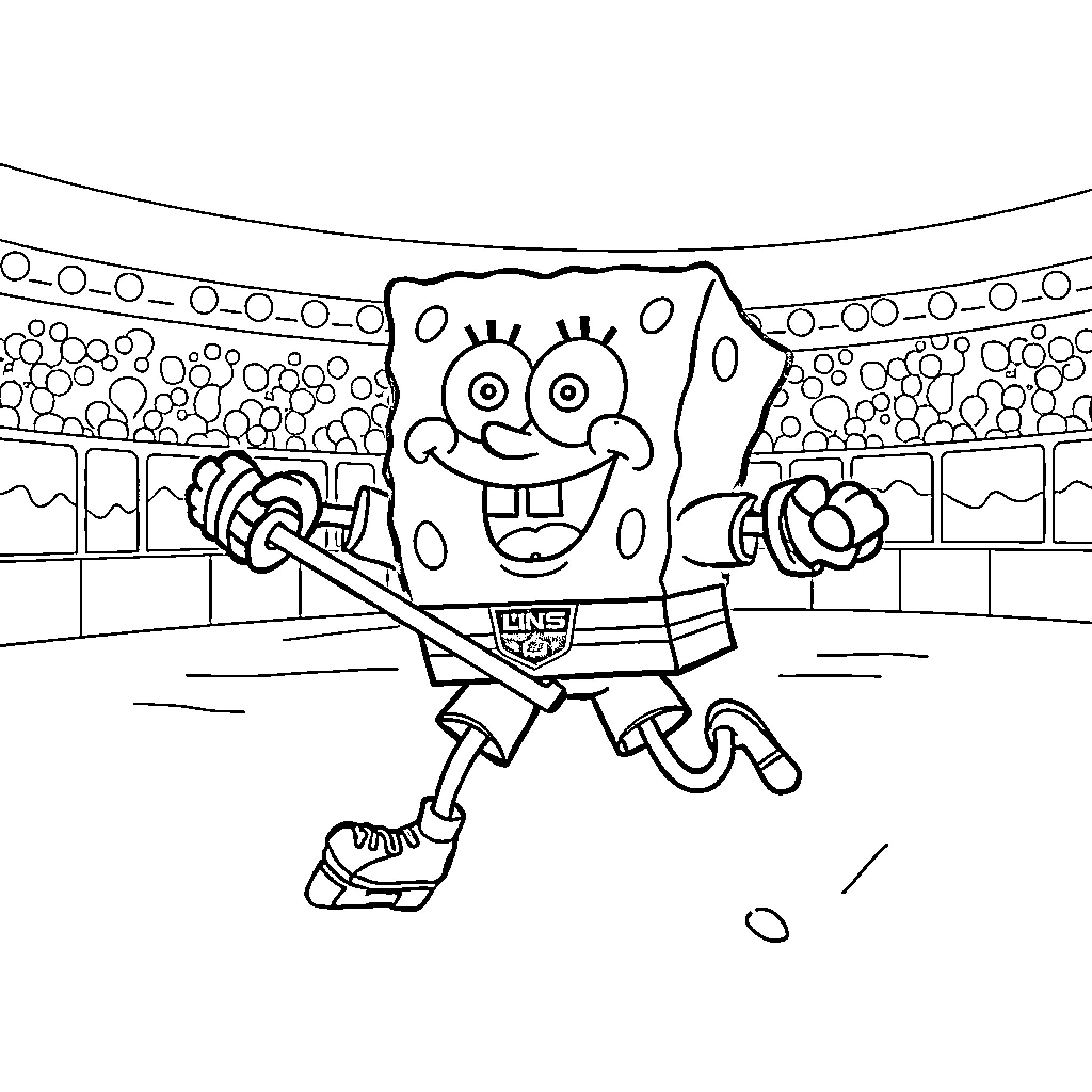 Spongebob Playing Hockey in Stadium Coloring Page (free black-and-white line drawing printable PDF for all, from beginners to advanced learners, including children, teens, adults, and seniors)