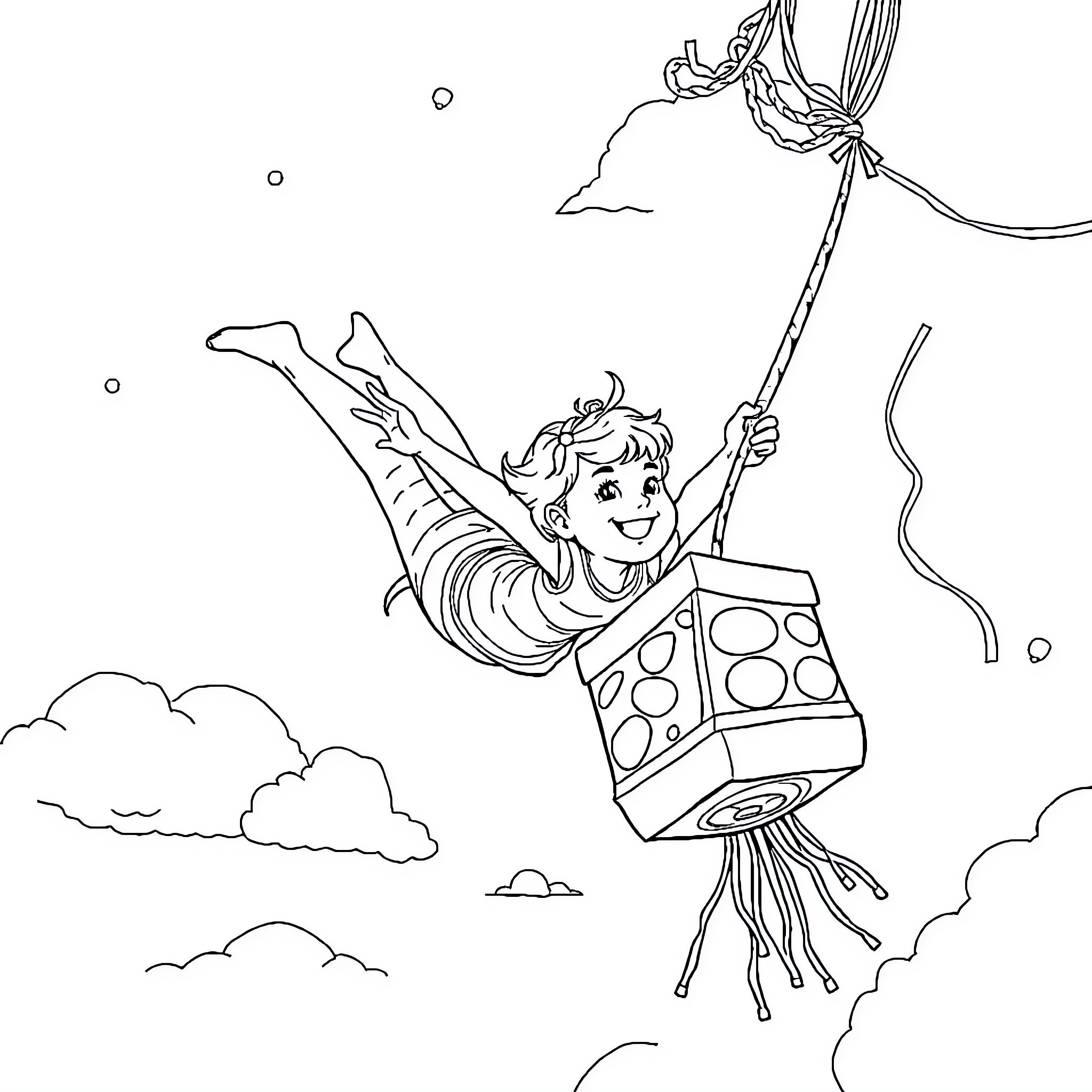 Girl playing joyfully with parachute toy in the sky Coloring Page (free black-and-white line drawing printable PDF for all, from beginners to advanced learners, including children, teens, adults, and seniors)