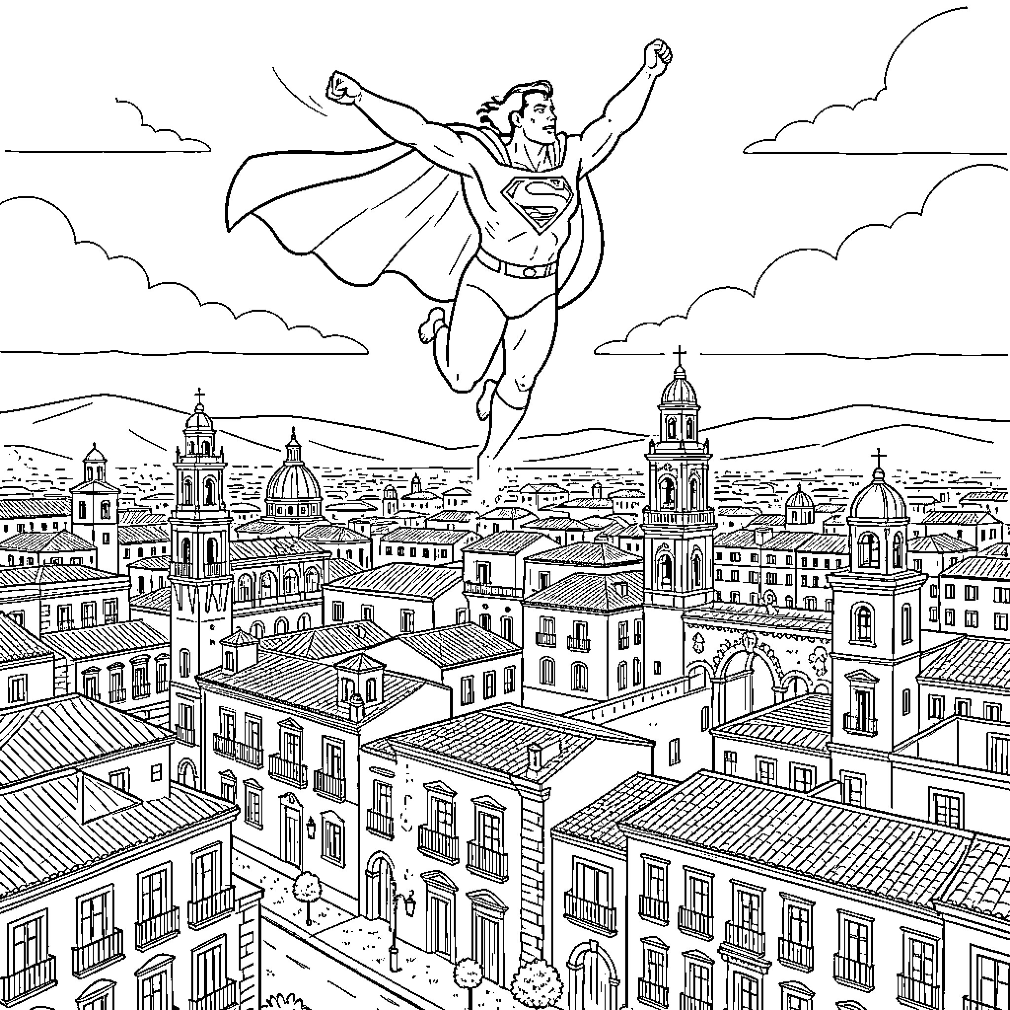 Superman soaring over the city skyline Coloring Page (free black-and-white line drawing printable PDF for all, from beginners to advanced learners, including children, teens, adults, and seniors)