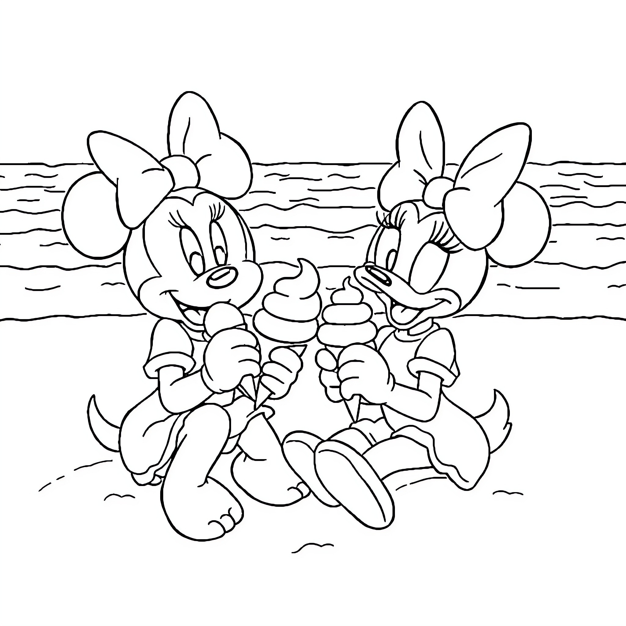 Minnie and Daisy enjoying ice cream by the beach Coloring Page (free black-and-white line drawing printable PDF for all, from beginners to advanced learners, including children, teens, adults, and seniors)