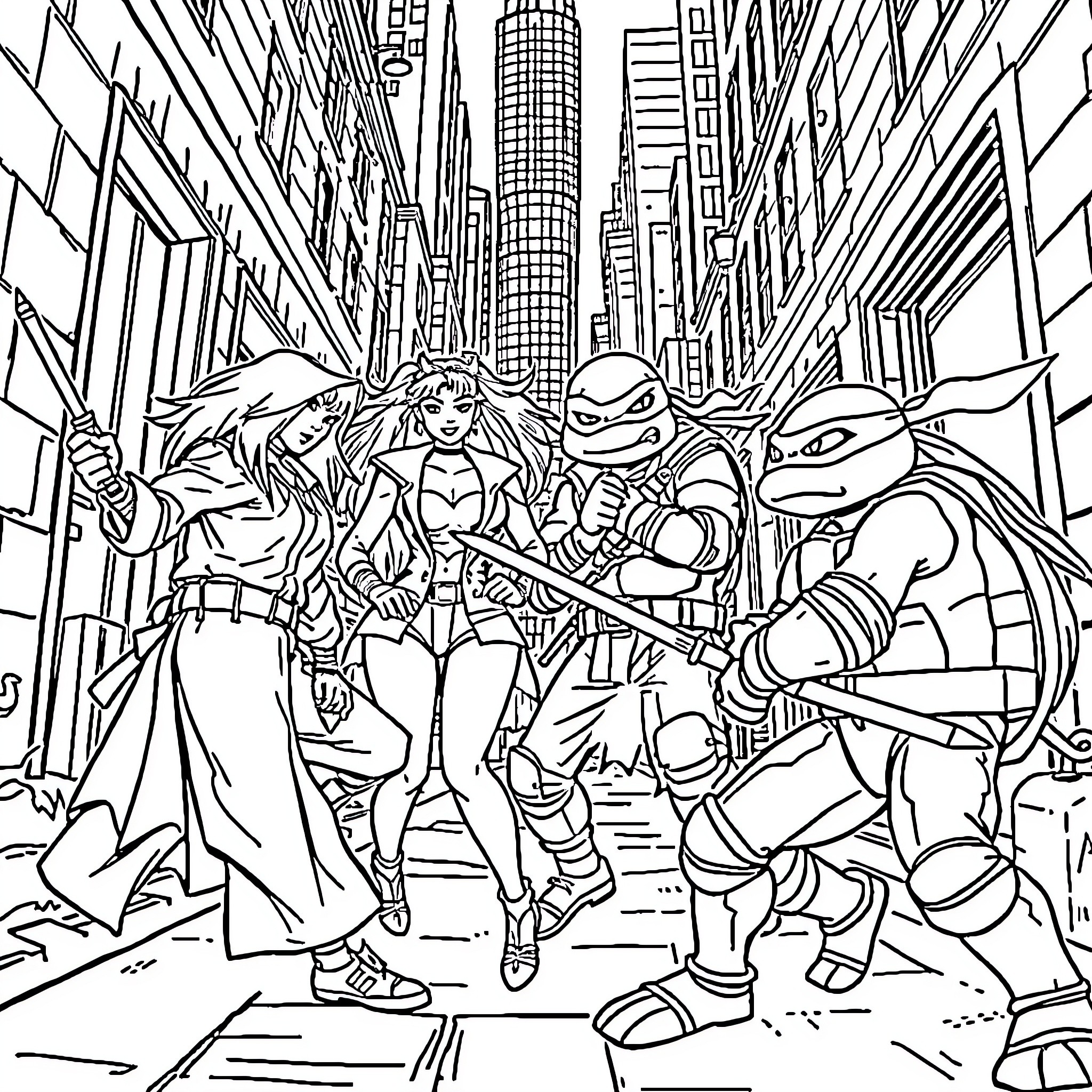 Demonhunter squad battles in city streets Coloring Page (free black-and-white line drawing printable PDF for all, from beginners to advanced learners, including children, teens, adults, and seniors)