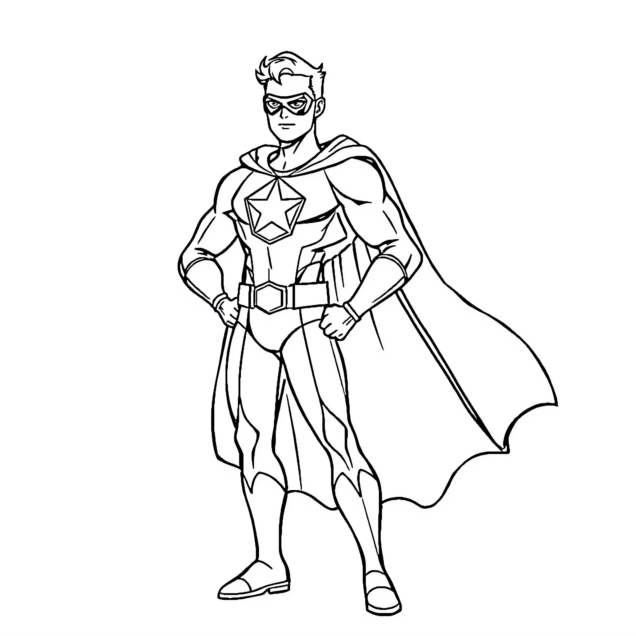 Superhero in heroic pose with star emblem Coloring Page (free black-and-white line drawing printable PDF for all, from beginners to advanced learners, including children, teens, adults, and seniors)