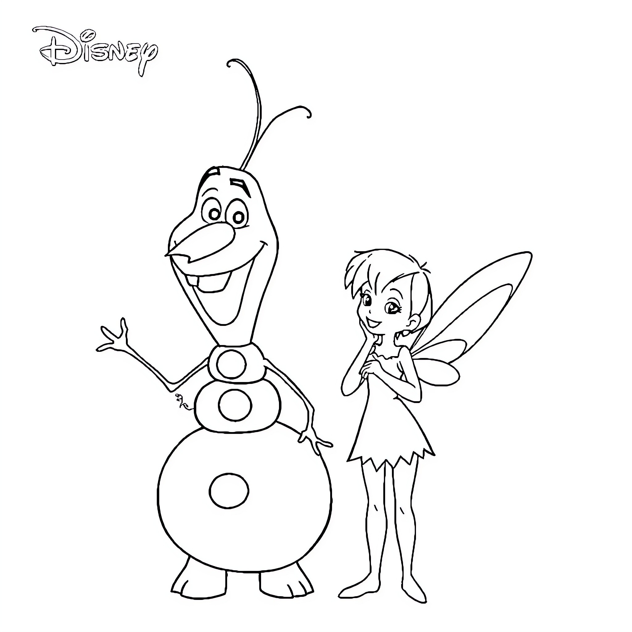 Disney Character Snowman and Fairy in Friendly Interaction Coloring Page (free black-and-white line drawing printable PDF for all, from beginners to advanced learners, including children, teens, adults, and seniors)