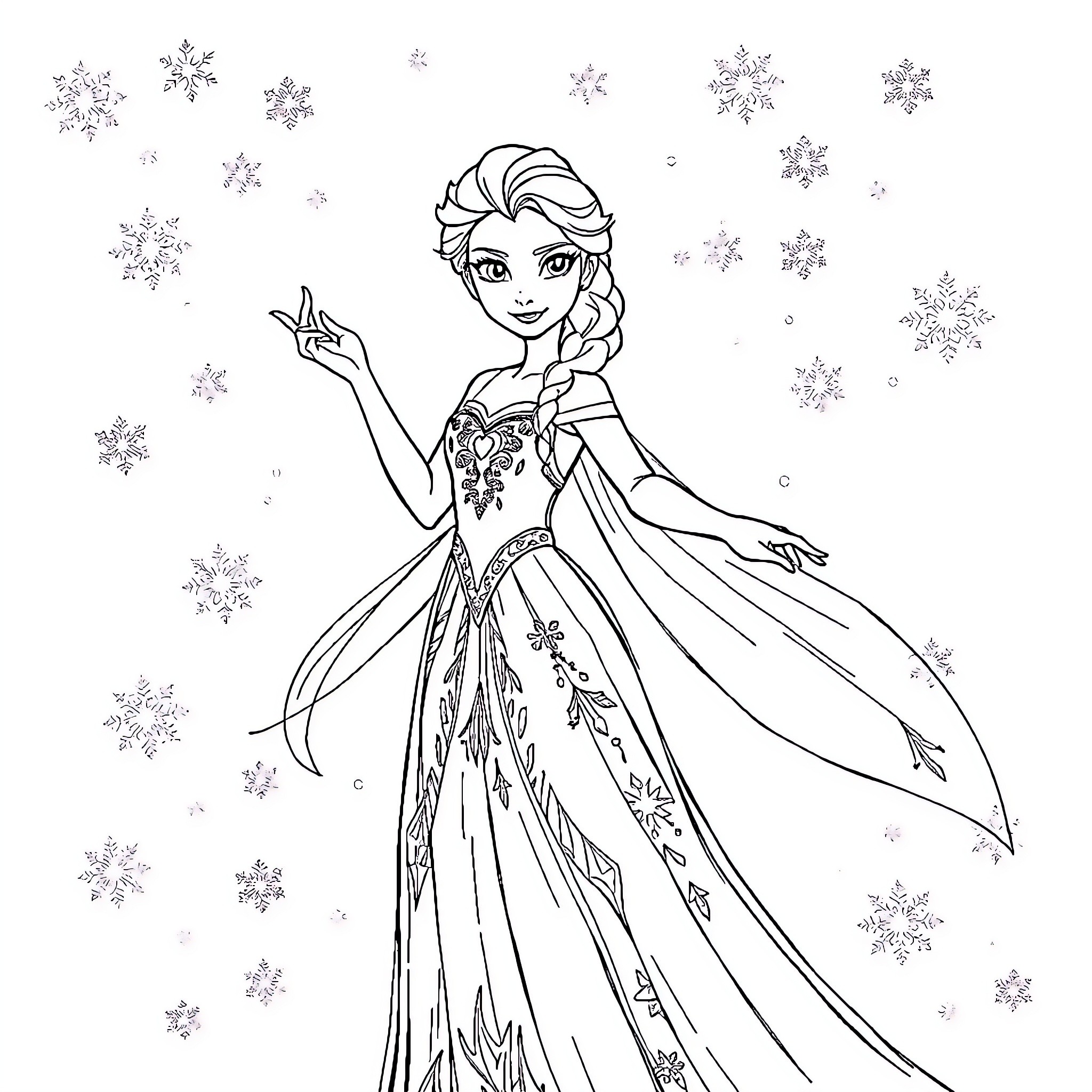 Elsa's Magical Wintertime Celebration Coloring Page (free black-and-white line drawing printable PDF for all, from beginners to advanced learners, including children, teens, adults, and seniors)