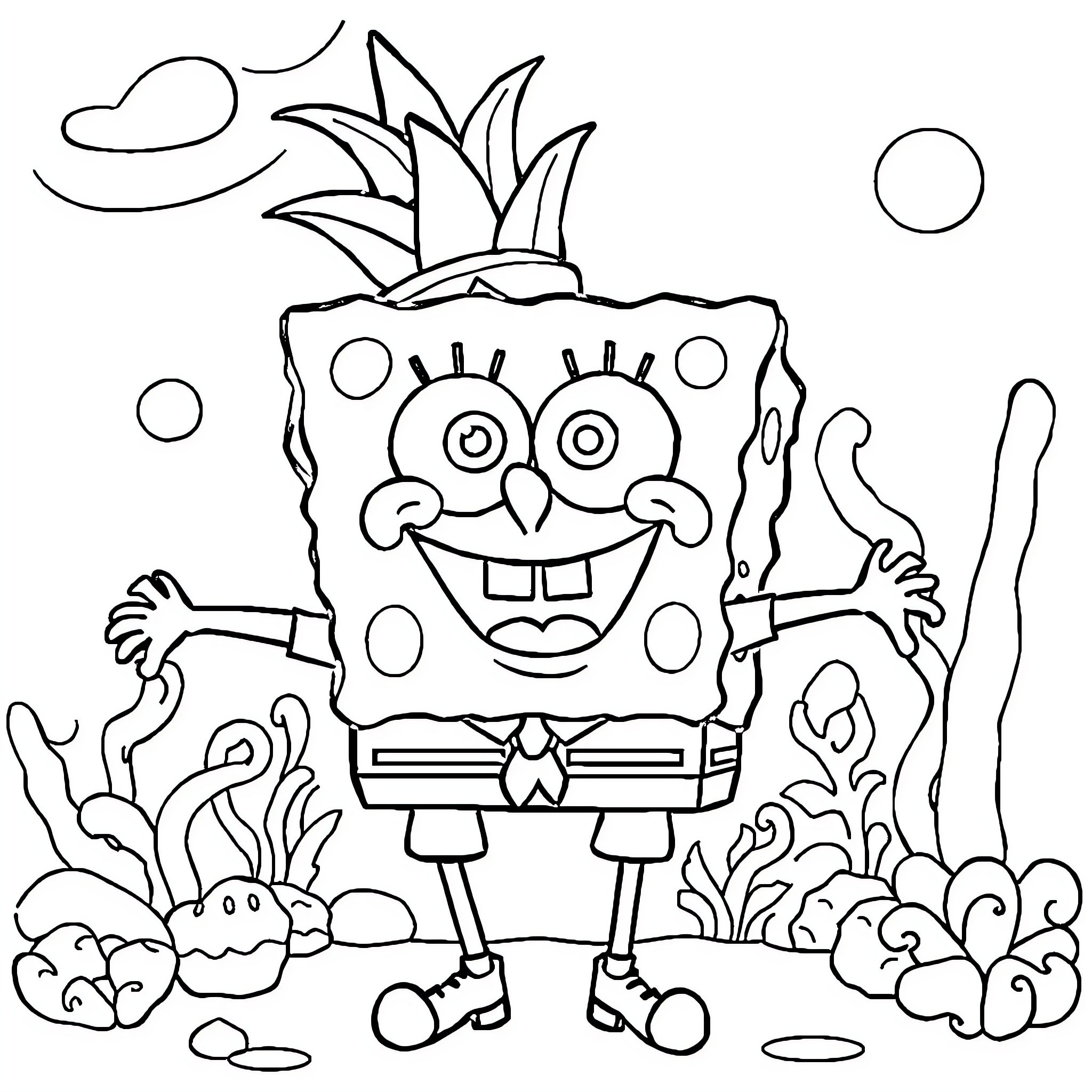 Spongebob's joyful underwater adventure Coloring Page (free black-and-white line drawing printable PDF for all, from beginners to advanced learners, including children, teens, adults, and seniors)