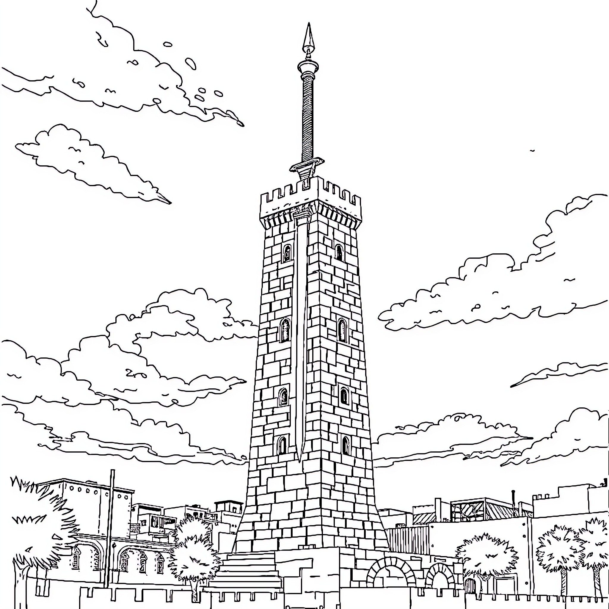 Tower with elaborate architecture under cloudy sky Coloring Page (free black-and-white line drawing printable PDF for all, from beginners to advanced learners, including children, teens, adults, and seniors)