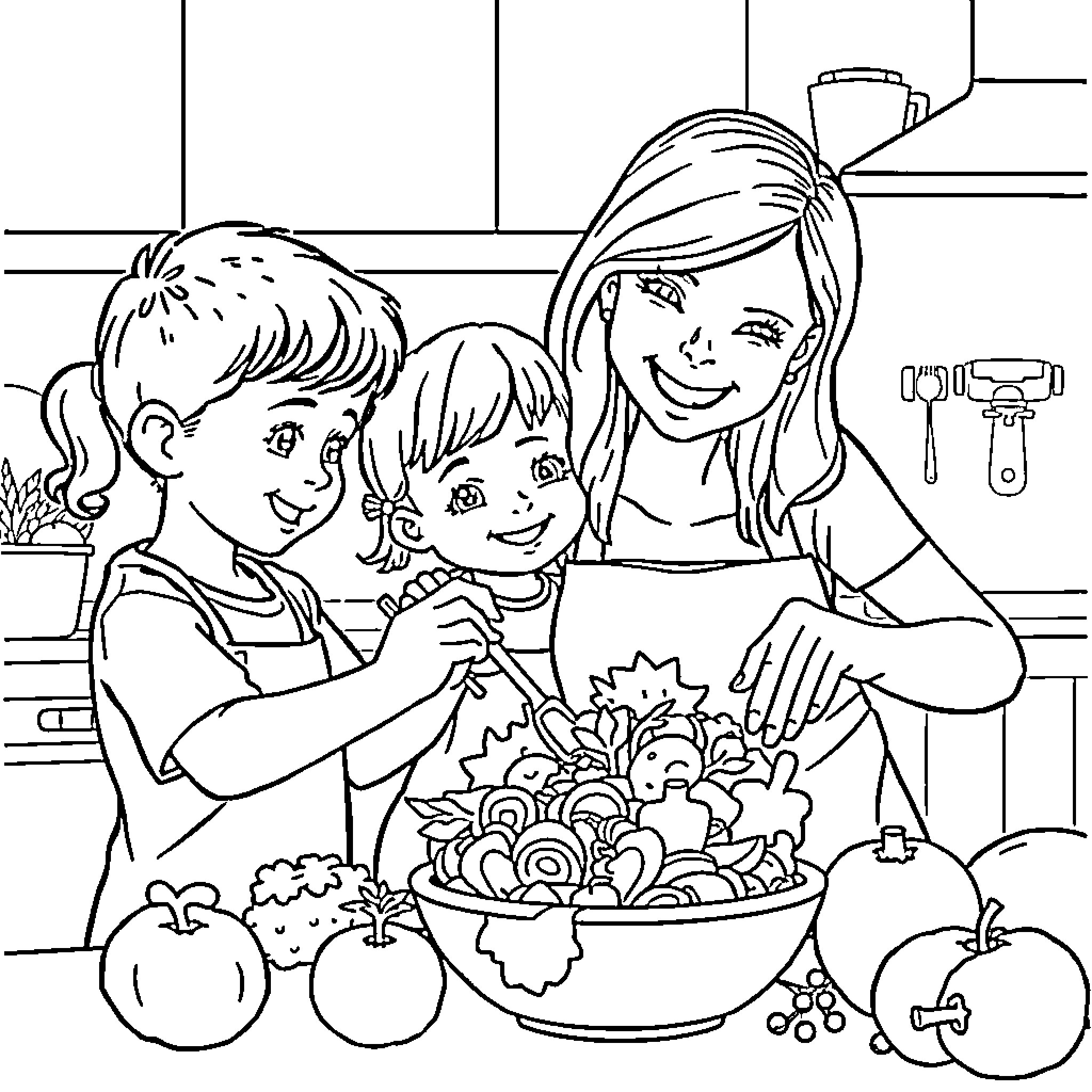 Kid cooking a healthy meal with family Coloring Page (free black-and-white line drawing printable PDF for all, from beginners to advanced learners, including children, teens, adults, and seniors)