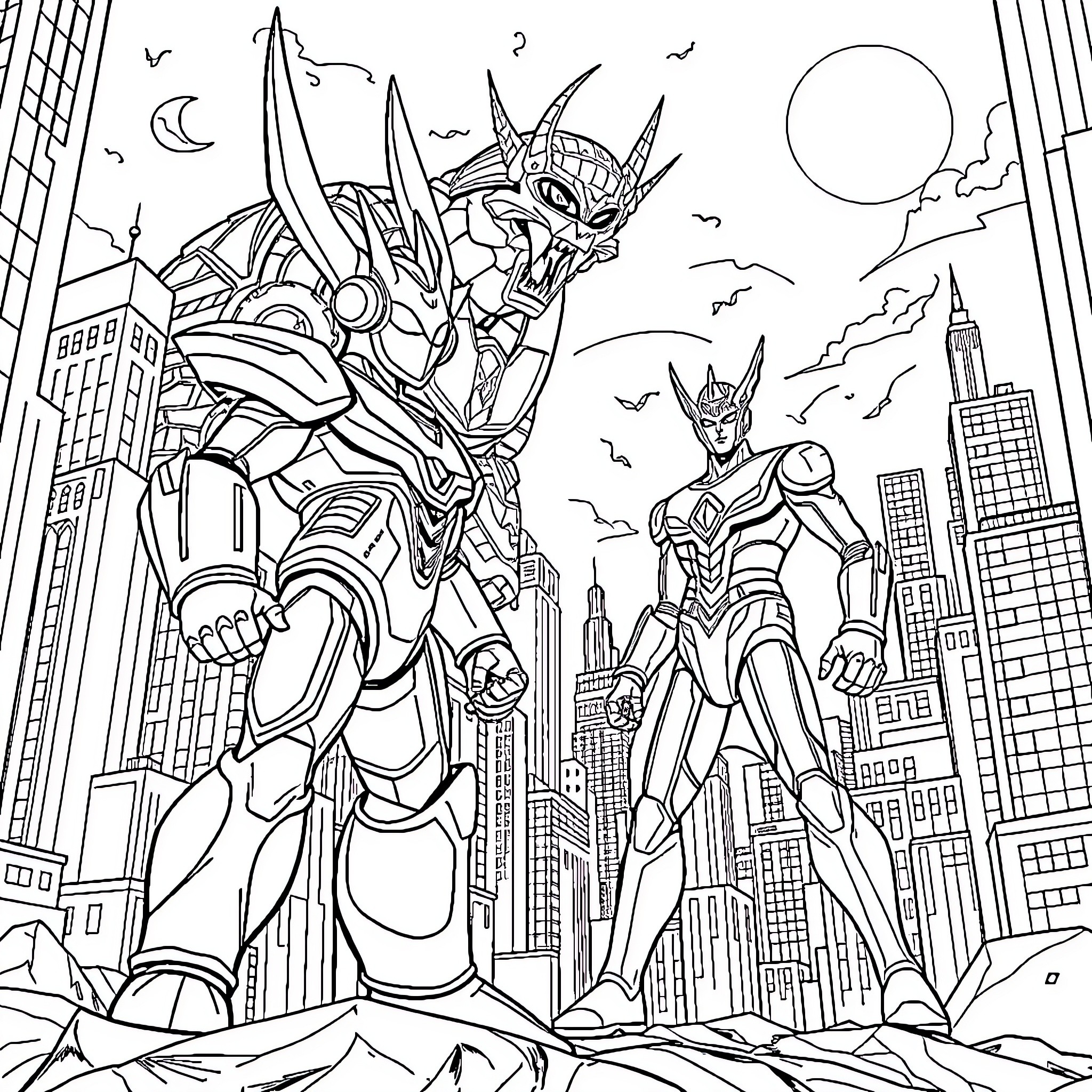 Ultraman heroes battling in the city Coloring Page (free black-and-white line drawing printable PDF for all, from beginners to advanced learners, including children, teens, adults, and seniors)