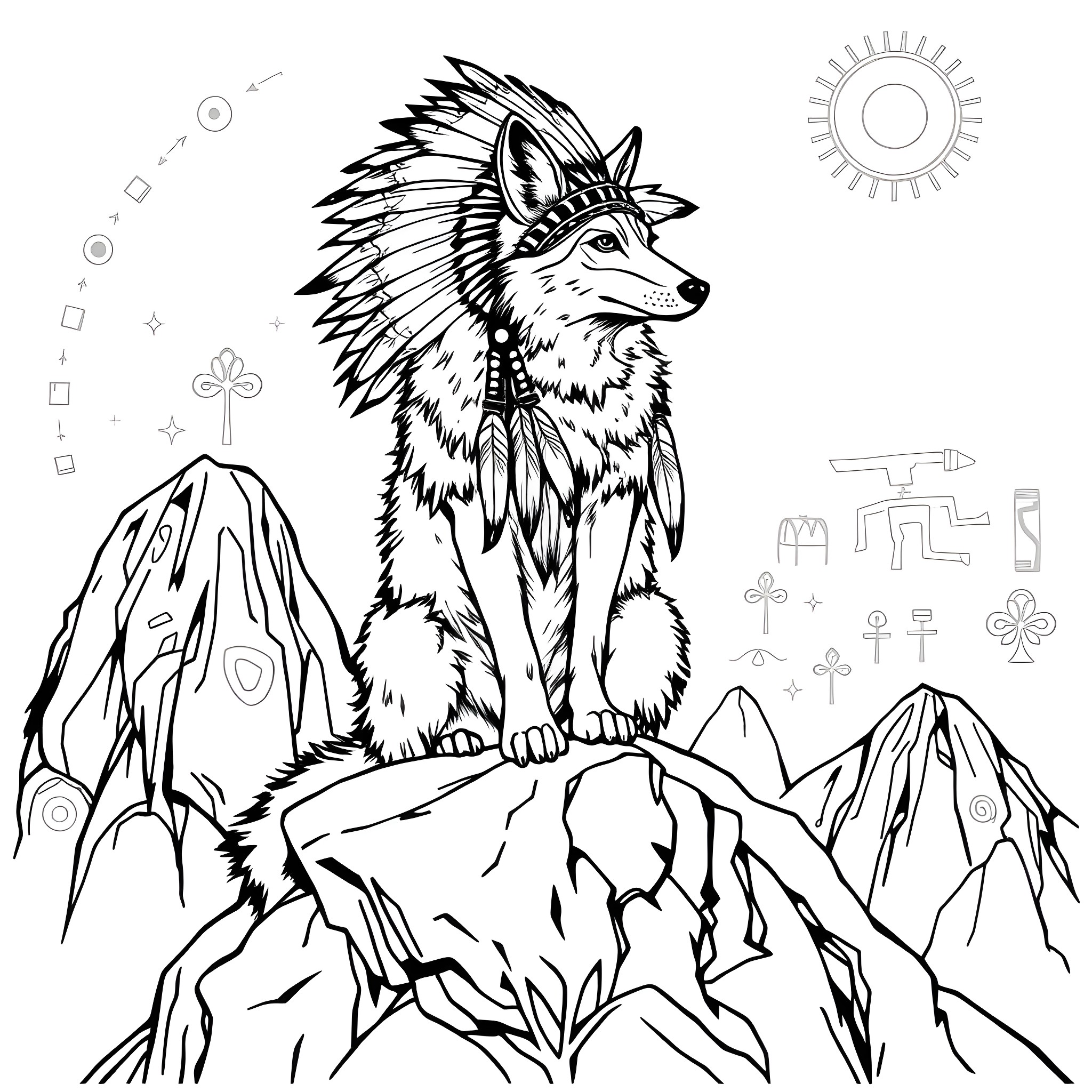 Coyote on Mountain Peak with Southwestern Symbols Coloring Page (free black-and-white line drawing printable PDF for all, from beginners to advanced learners, including children, teens, adults, and seniors)