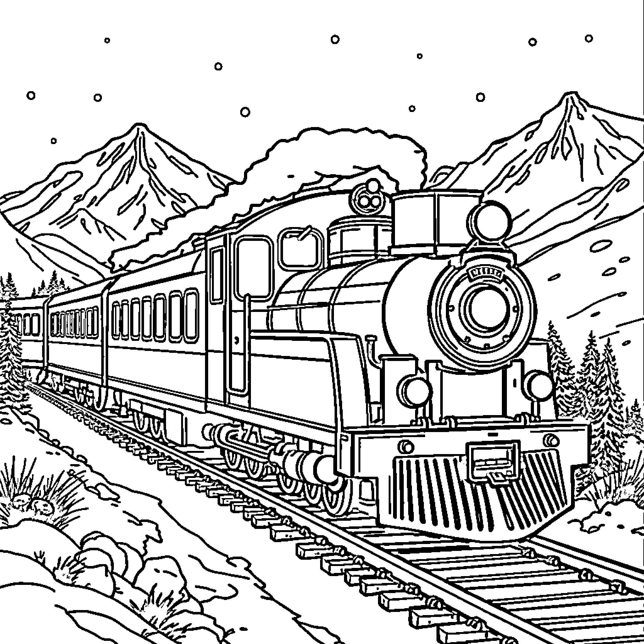 Polar Express Train Traversing Snowy Mountain Landscape Coloring Page (free black-and-white line drawing printable PDF for all, from beginners to advanced learners, including children, teens, adults, and seniors)
