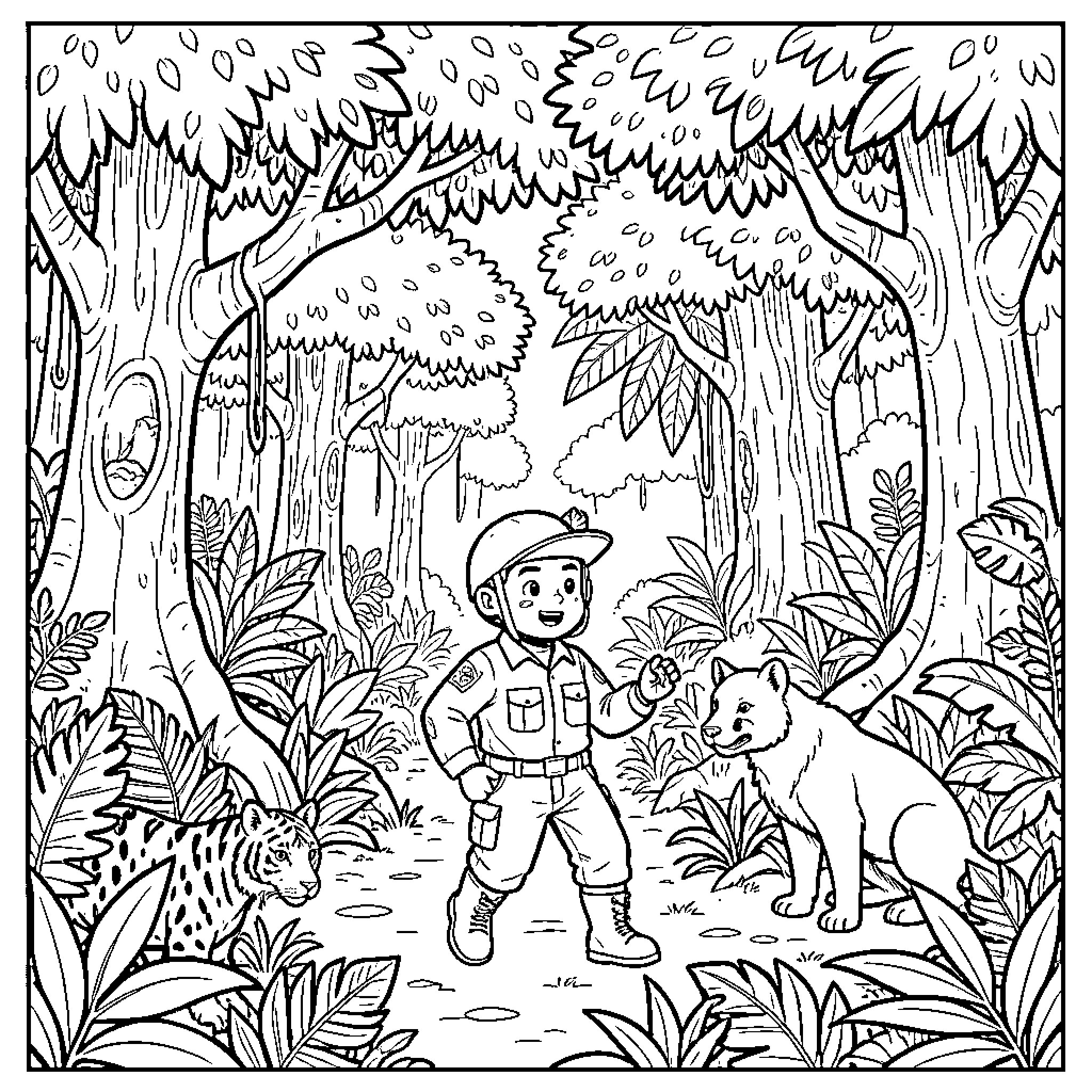 Paw Patrol Explorer in the Jungle Coloring Page (free black-and-white line drawing printable PDF for all, from beginners to advanced learners, including children, teens, adults, and seniors)