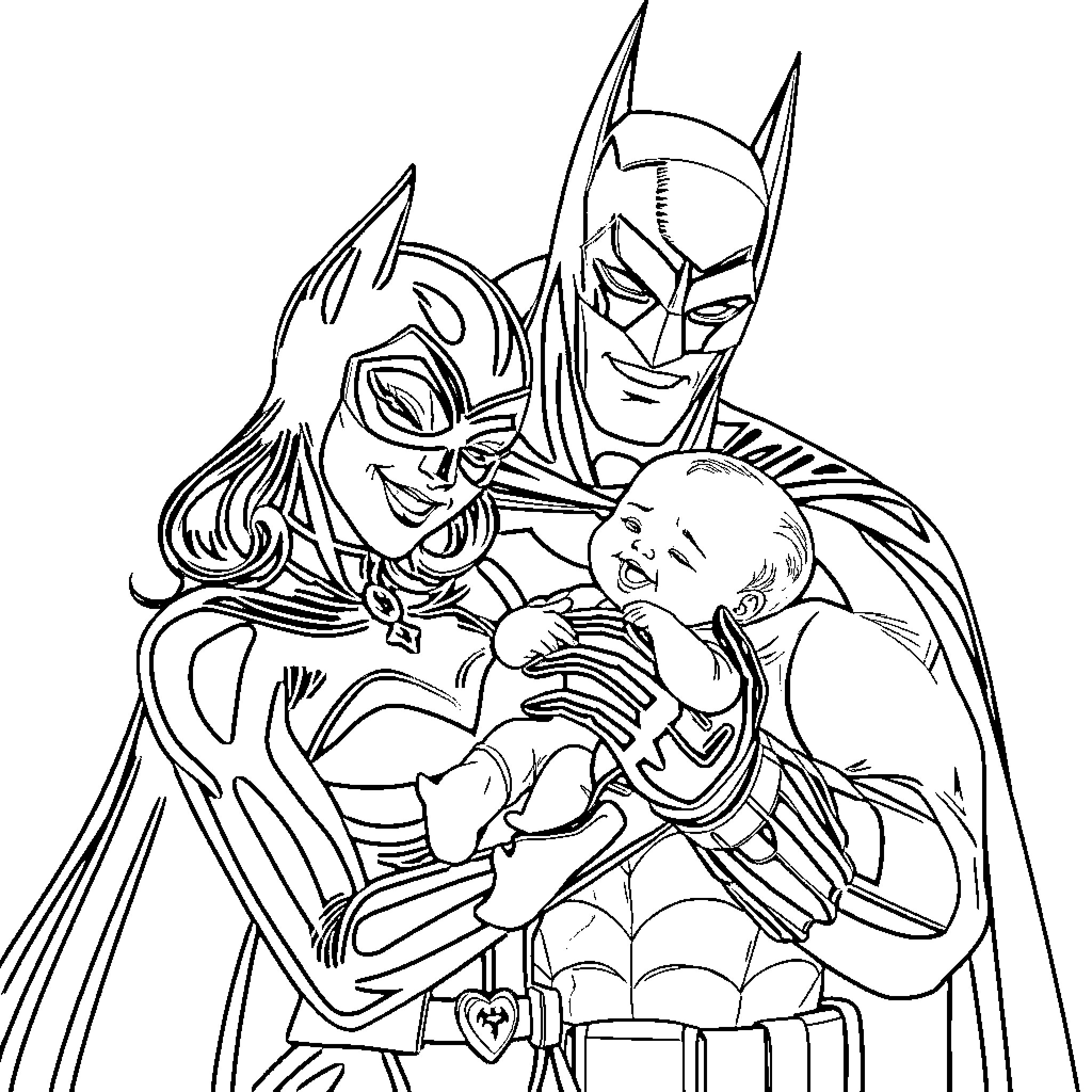 Catwoman and Batman protect a baby Coloring Page (free black-and-white line drawing printable PDF for all, from beginners to advanced learners, including children, teens, adults, and seniors)