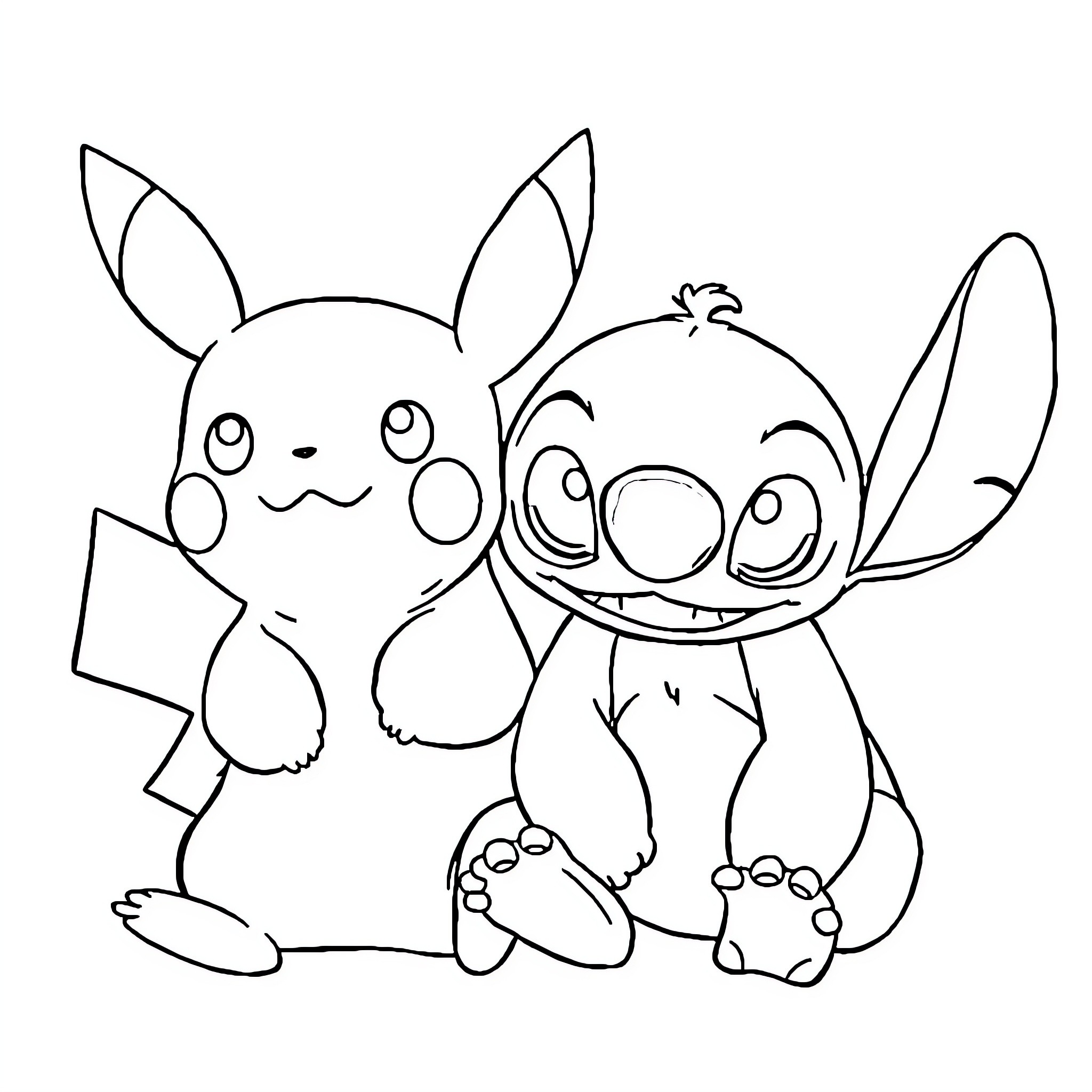 Pikachu and Stitch playing together happily Coloring Page (free black-and-white line drawing printable PDF for all, from beginners to advanced learners, including children, teens, adults, and seniors)