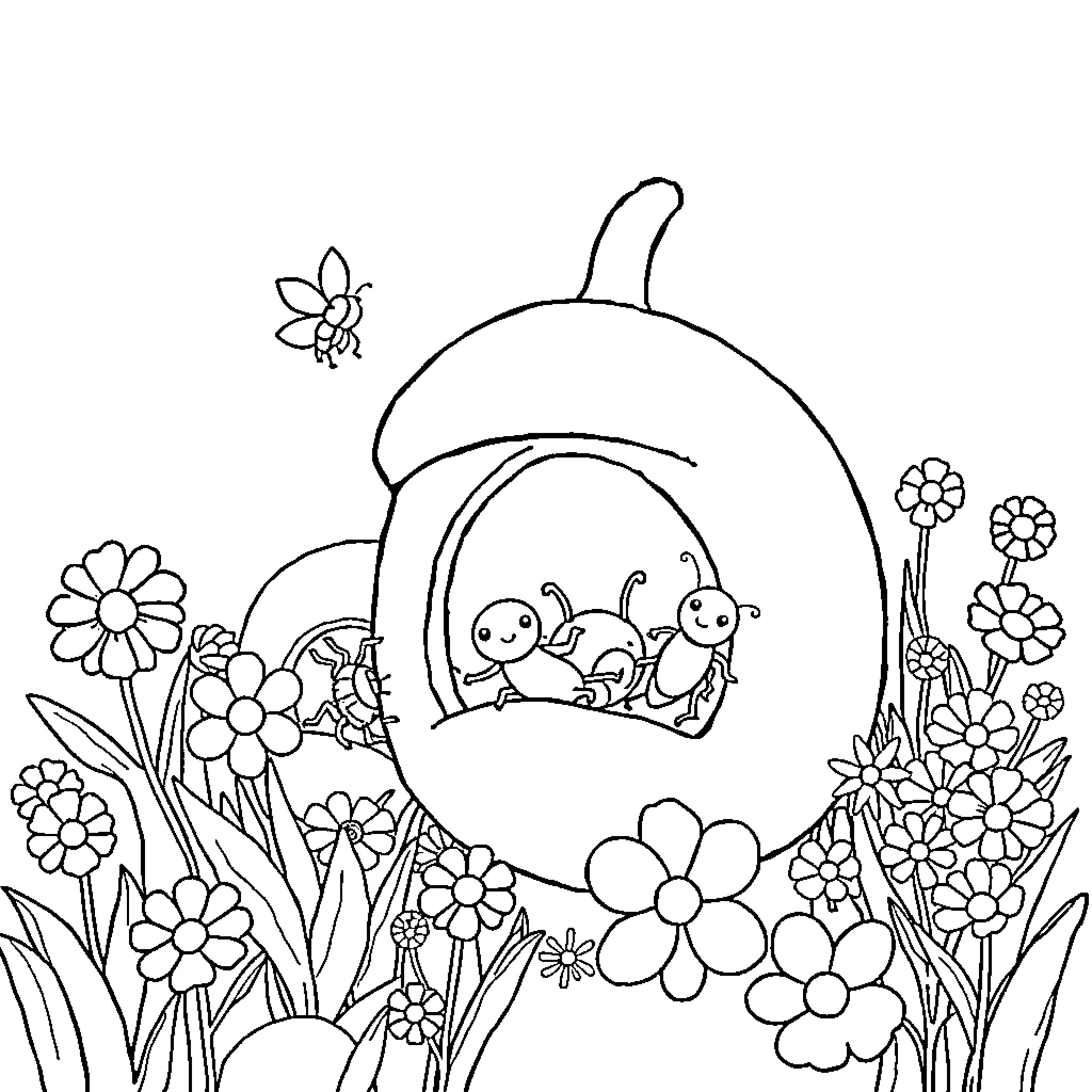 Insects enjoying a garden scene Coloring Page (free black-and-white line drawing printable PDF for all, from beginners to advanced learners, including children, teens, adults, and seniors)