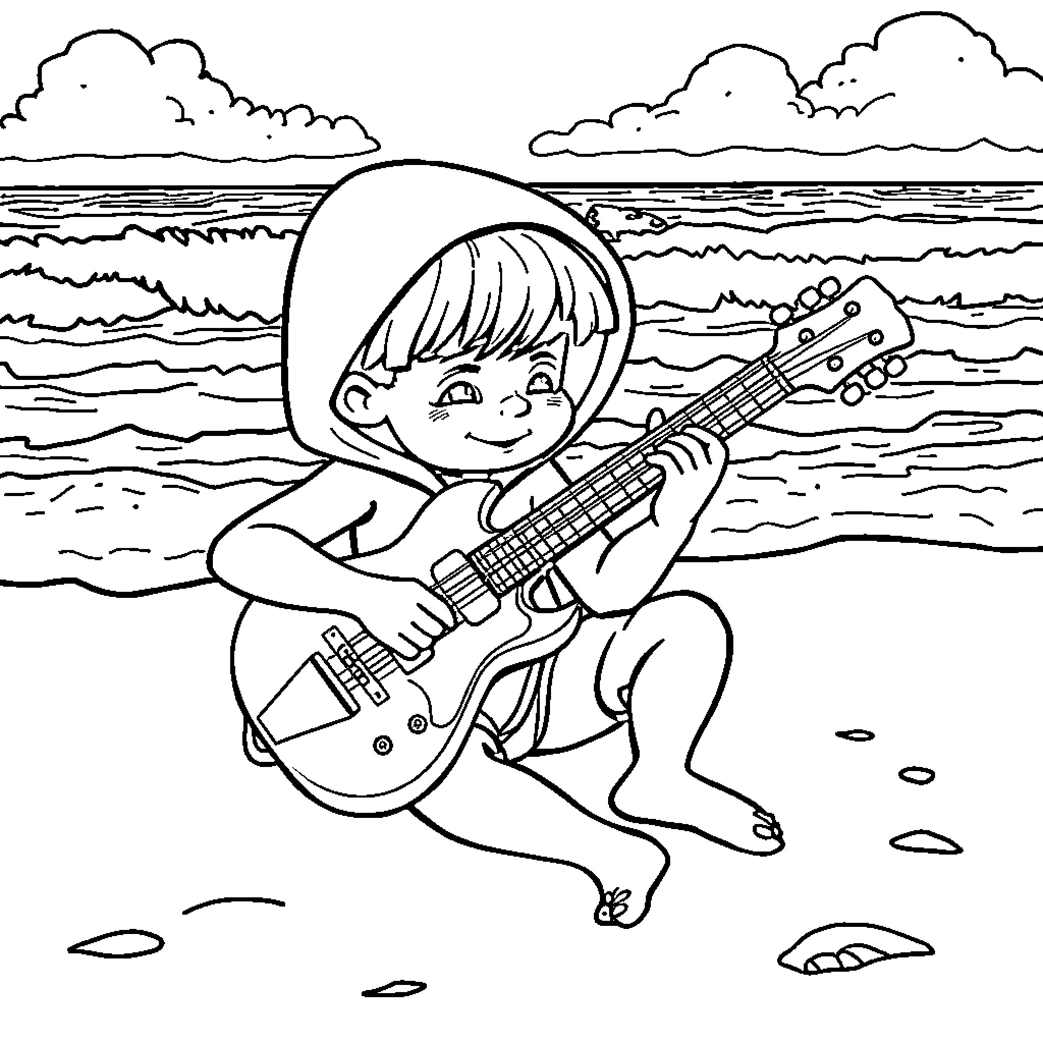 Midget playing guitar on the beach Coloring Page (free black-and-white line drawing printable PDF for all, from beginners to advanced learners, including children, teens, adults, and seniors)