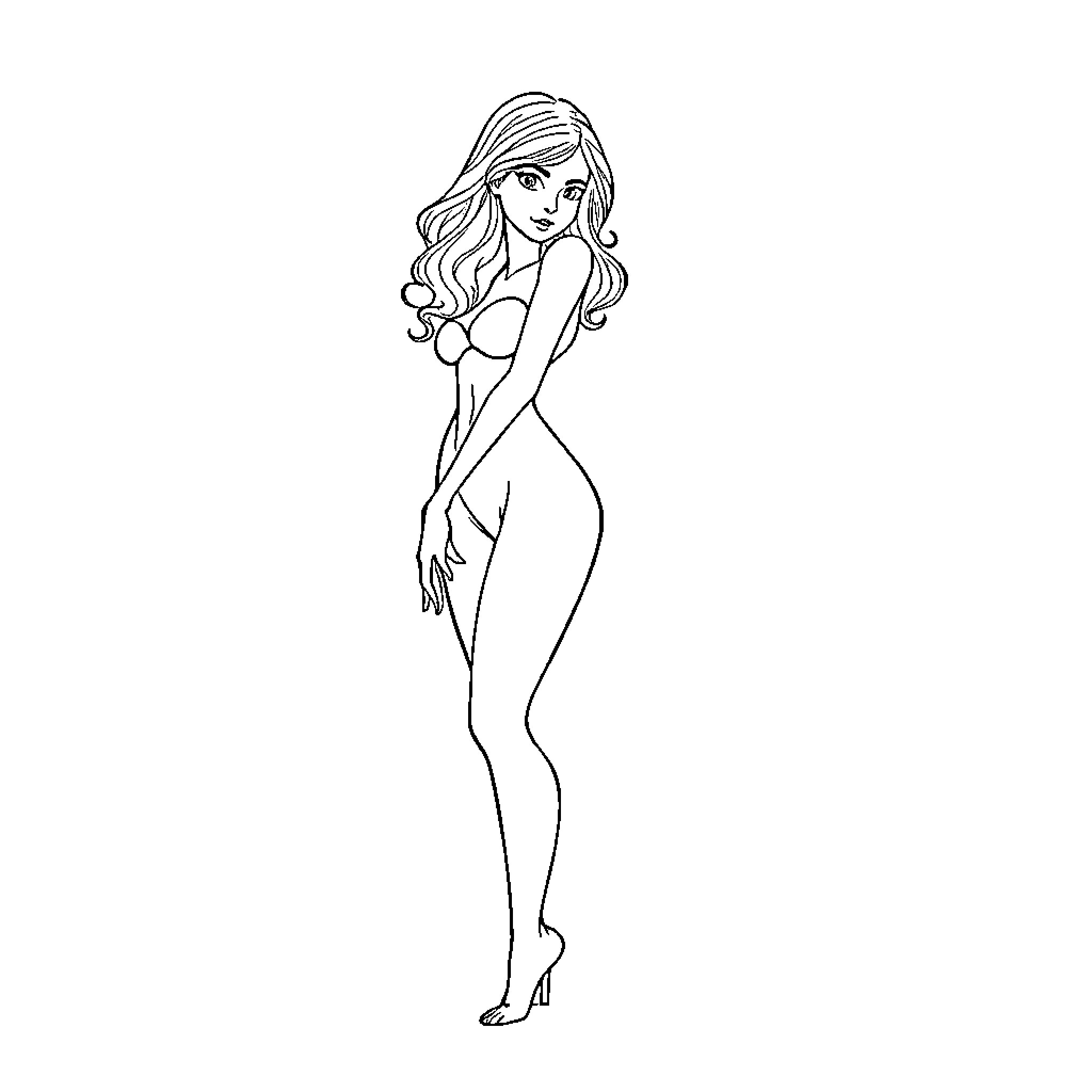 2B Confident feminine figure posing gracefully Coloring Page (free black-and-white line drawing printable PDF for all, from beginners to advanced learners, including children, teens, adults, and seniors)
