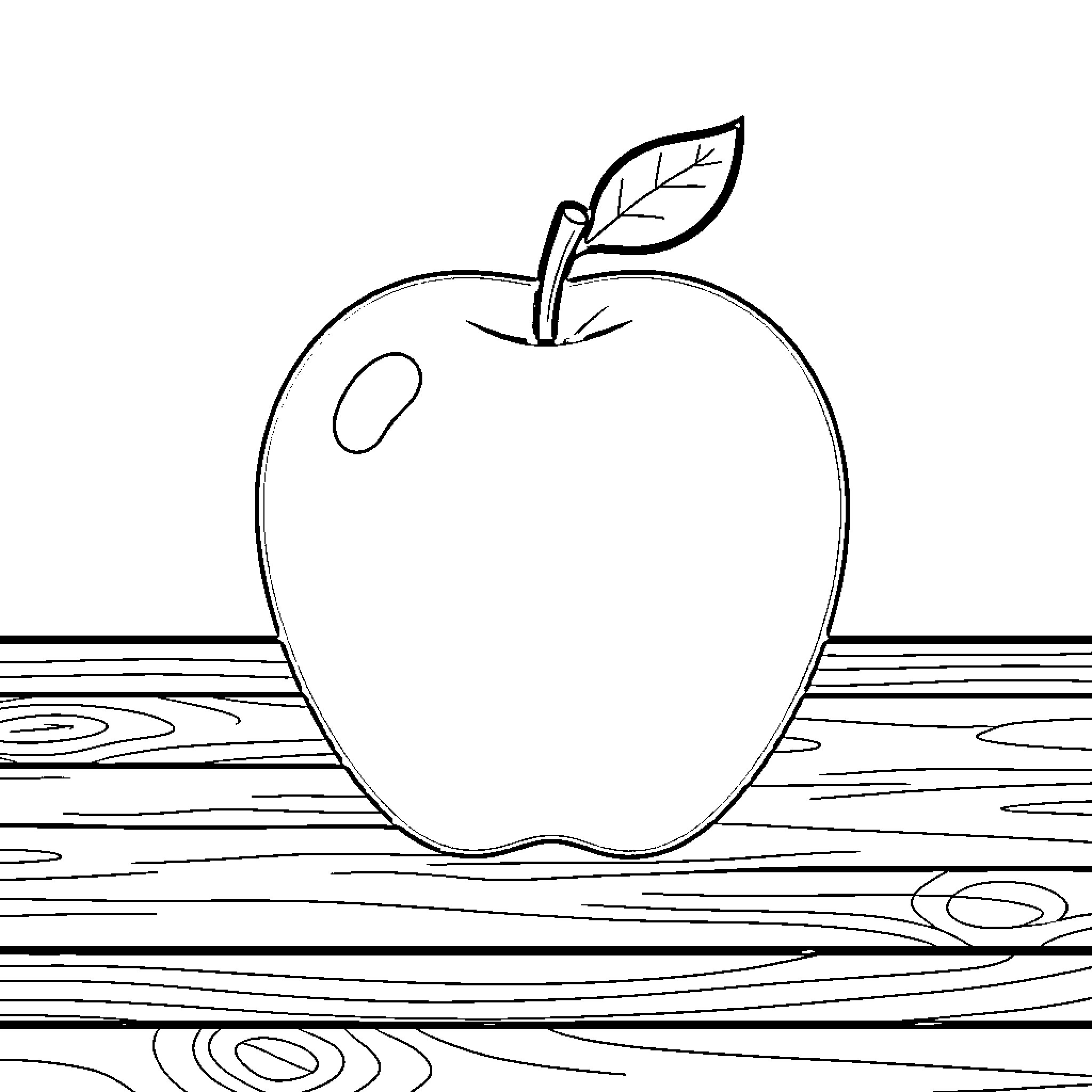 Apple resting on wooden surface Coloring Page (free black-and-white line drawing printable PDF for all, from beginners to advanced learners, including children, teens, adults, and seniors)