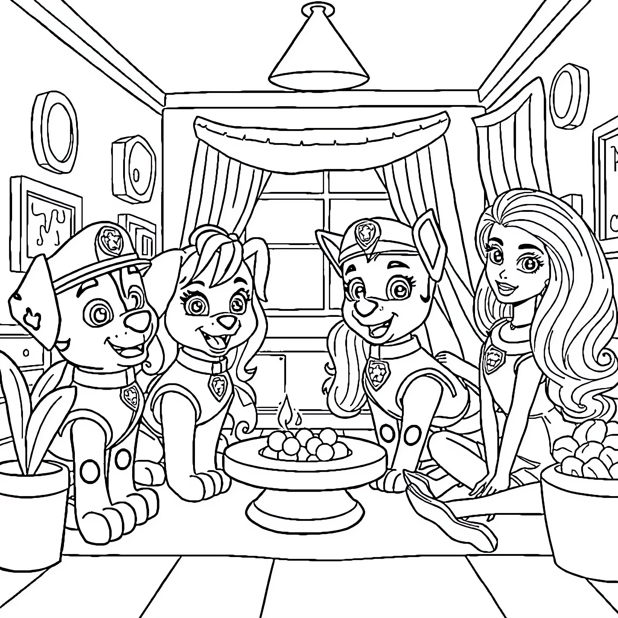 Paw Patrol team enjoying a party together Coloring Page (free black-and-white line drawing printable PDF for all, from beginners to advanced learners, including children, teens, adults, and seniors)