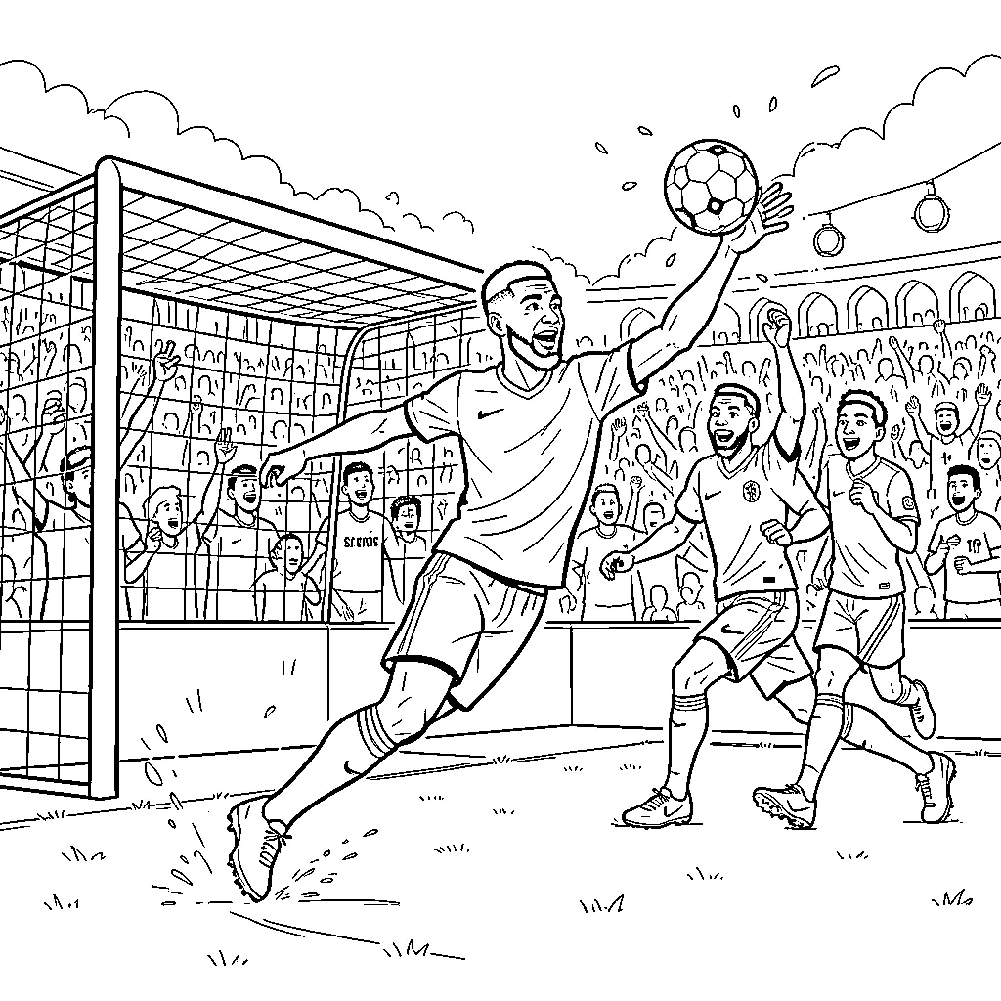Mbappe celebrating a goal in a crowded stadium Coloring Page (free black-and-white line drawing printable PDF for all, from beginners to advanced learners, including children, teens, adults, and seniors)