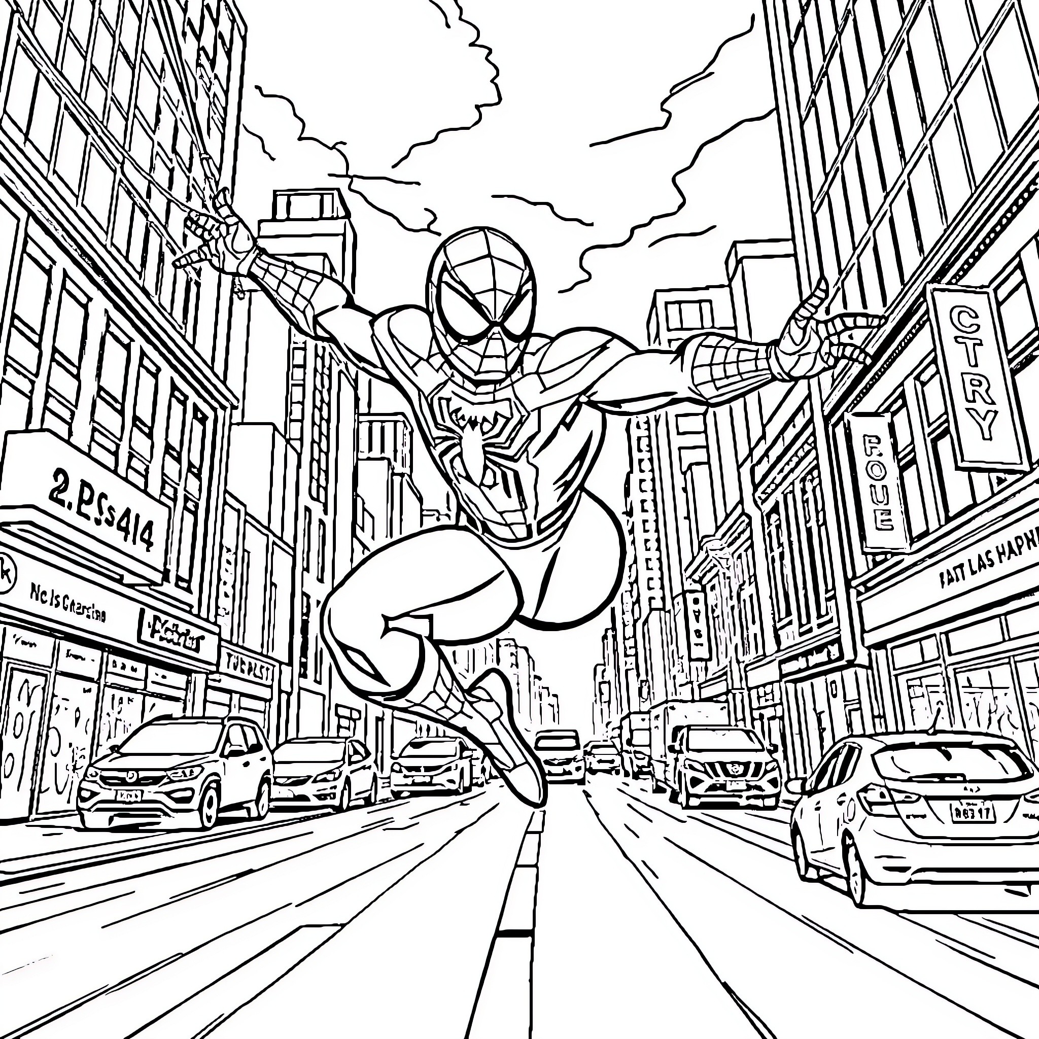 Spider-Man swinging through the city streets Coloring Page (free black-and-white line drawing printable PDF for all, from beginners to advanced learners, including children, teens, adults, and seniors)