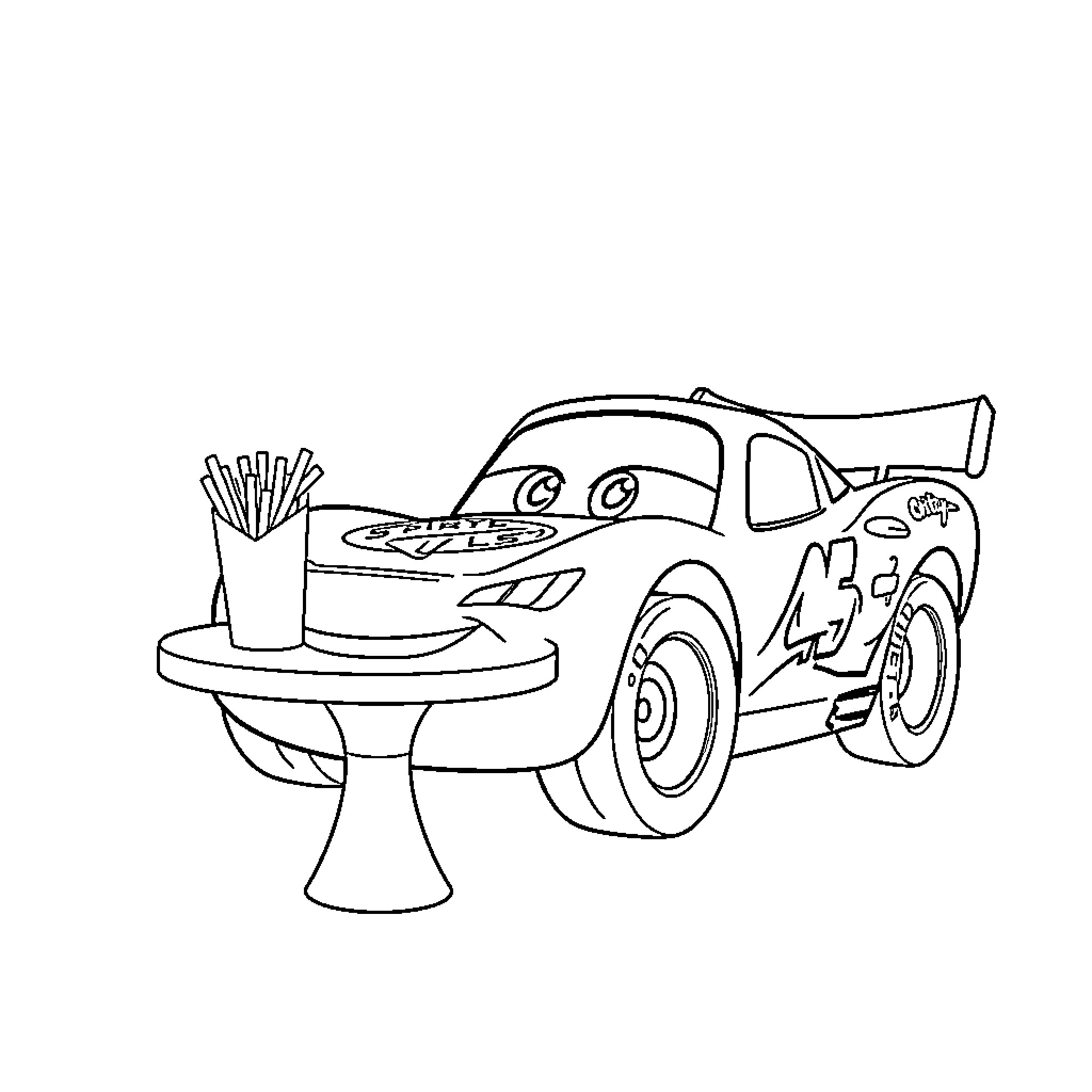 Lightning McQueen enjoying a fast food meal Coloring Page (free black-and-white line drawing printable PDF for all, from beginners to advanced learners, including children, teens, adults, and seniors)
