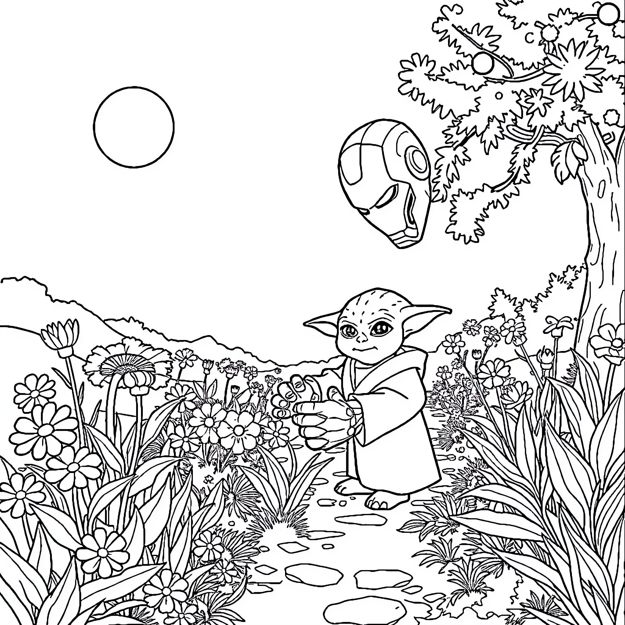 Iron Man character in a whimsical floral landscape Coloring Page (free black-and-white line drawing printable PDF for all, from beginners to advanced learners, including children, teens, adults, and seniors)