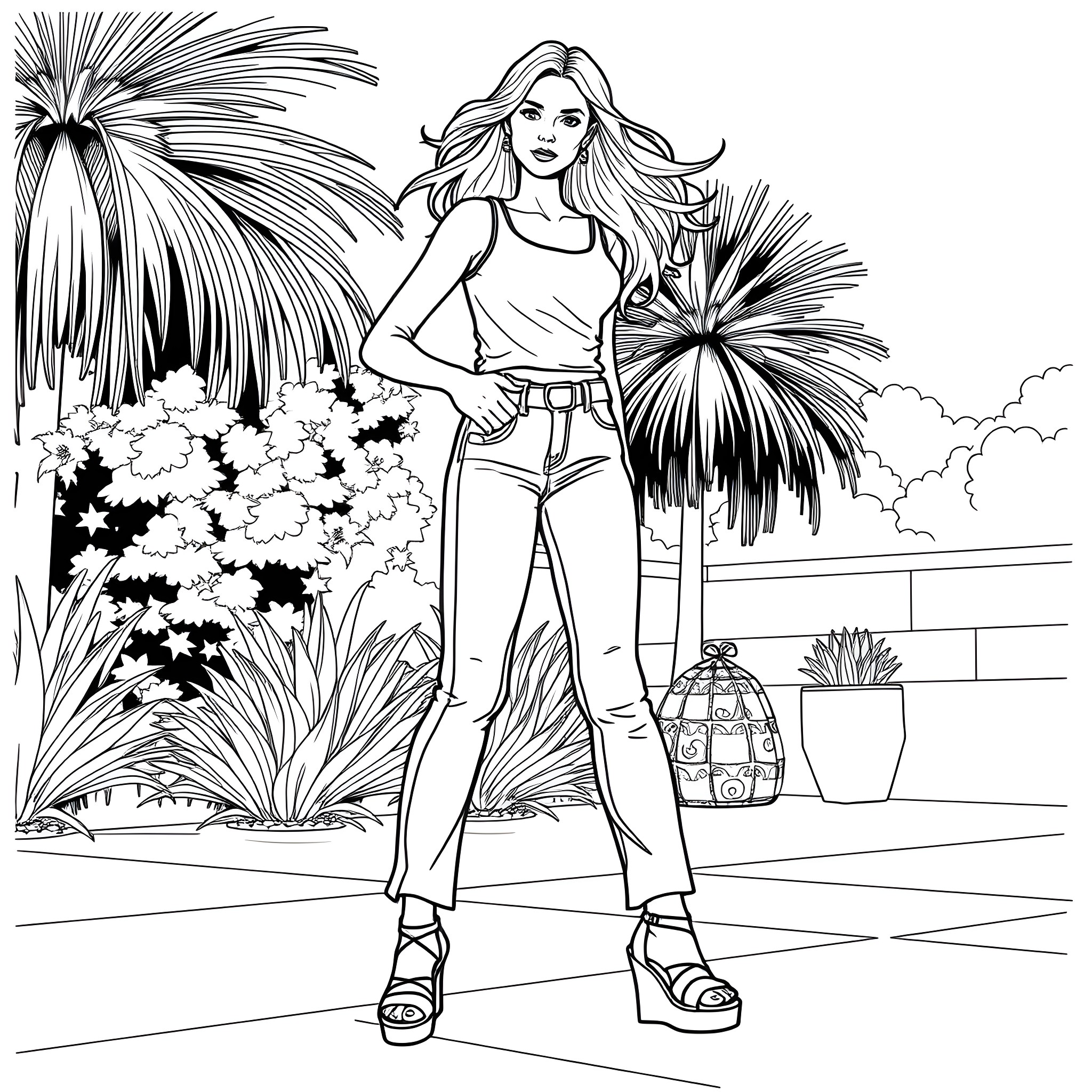 Girl standing confidently in a tropical garden Coloring Page (free black-and-white line drawing printable PDF for all, from beginners to advanced learners, including children, teens, adults, and seniors)