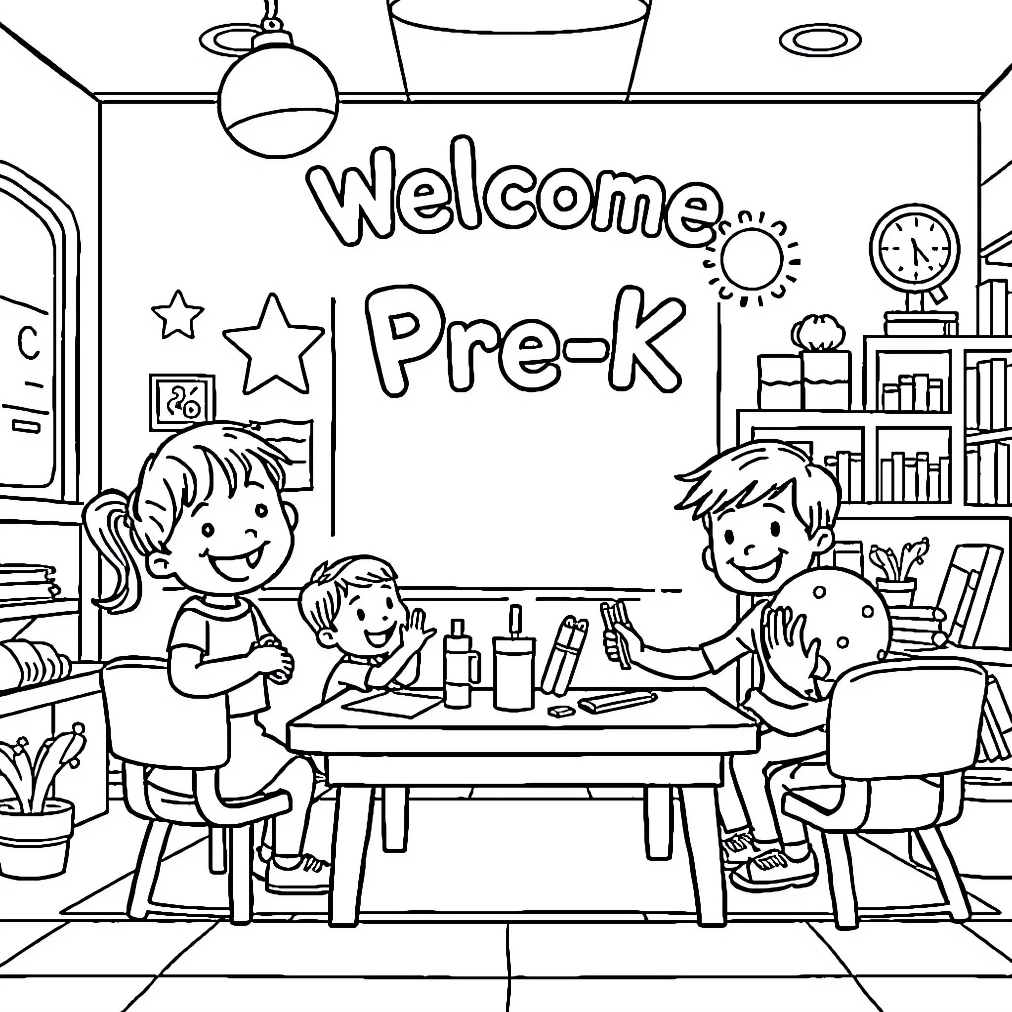 Pre-K Classroom: Learning, Exploring, and Welcoming Coloring Page (free black-and-white line drawing printable PDF for all, from beginners to advanced learners, including children, teens, adults, and seniors)