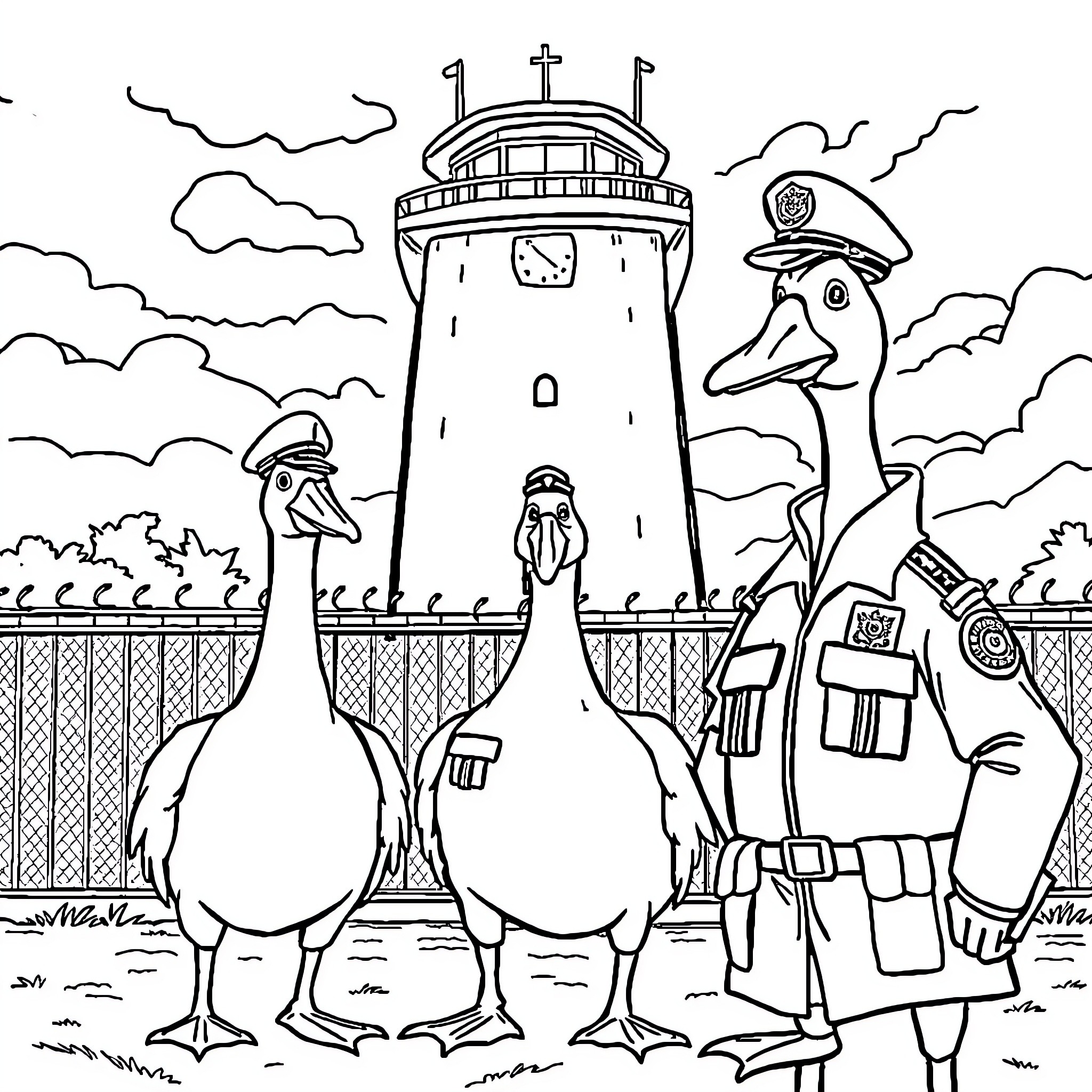 Goose Police Officers Guarding Lighthouse Coloring Page (free black-and-white line drawing printable PDF for all, from beginners to advanced learners, including children, teens, adults, and seniors)